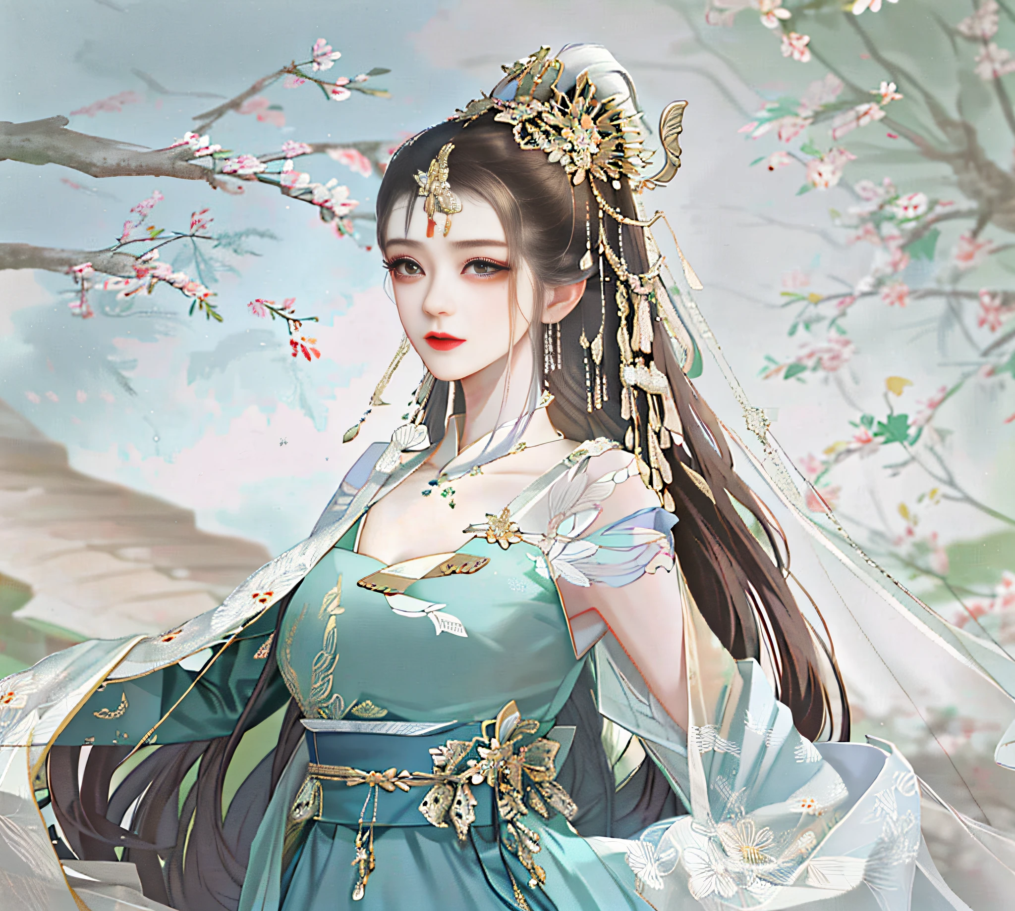 Ancient style Chinese woman standing painting, beautiful Hanfu, face is very cute and beautiful, fine picture, 8k, decorations are very exquisite
