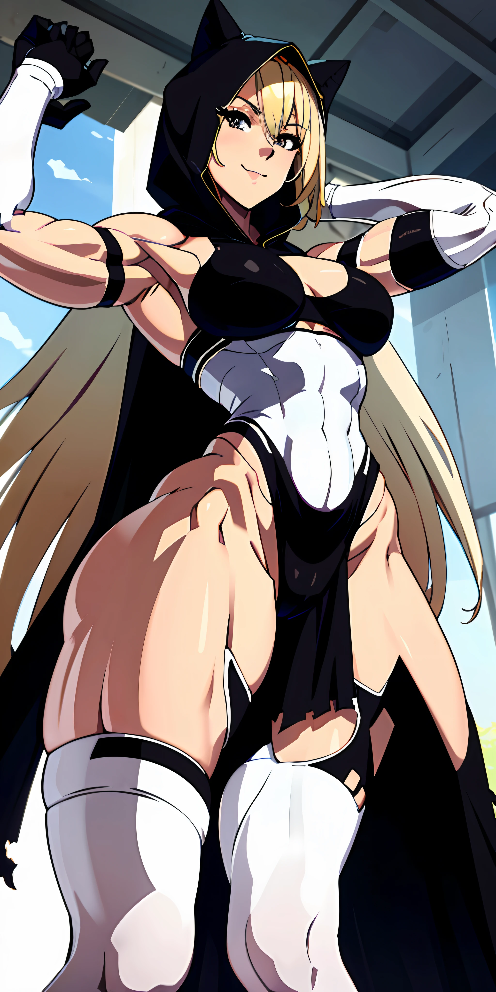 anime waifu bodybuilder, beautiful face, smiling face, perfect body, fit body, looking at the viewer, posing with strong arms, abdomen, large breasts, muscular, ((hair) long and blonde), ((clothing) white color tight swimsuit, torn), (torn cape at the tip covering the body of black color, and hood covering the head of black color), character A2,  (white and torn bandages on the arms and legs), image taken from below, focus on the legs, high quality