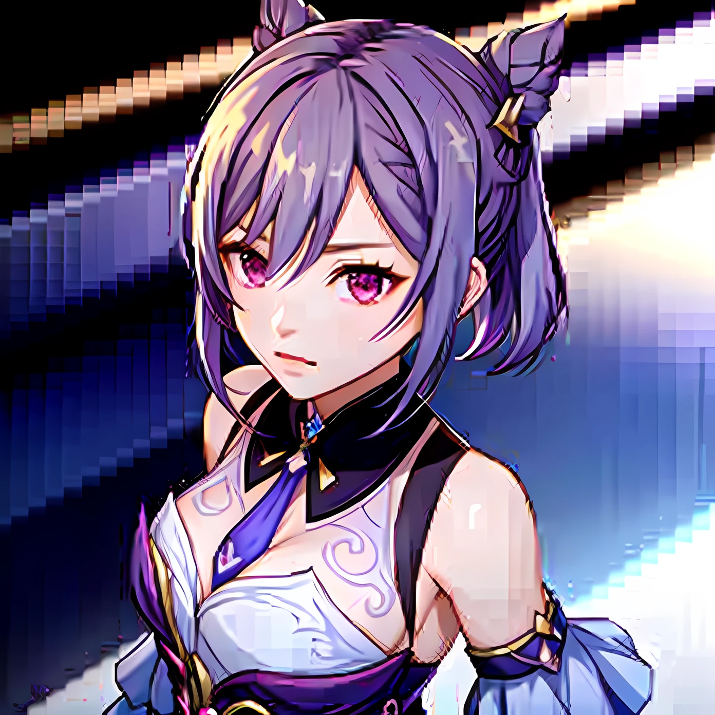 A GIRL, purple hair, Double bun, a masterpiece, high-quality, the best quality, Black Silk Stockings, Light chasing, beautiful face, purple hair, double bun, ray tracing, from above, ccurate, 8k, masterpiece, ccurate, 8k, high quality, best quality