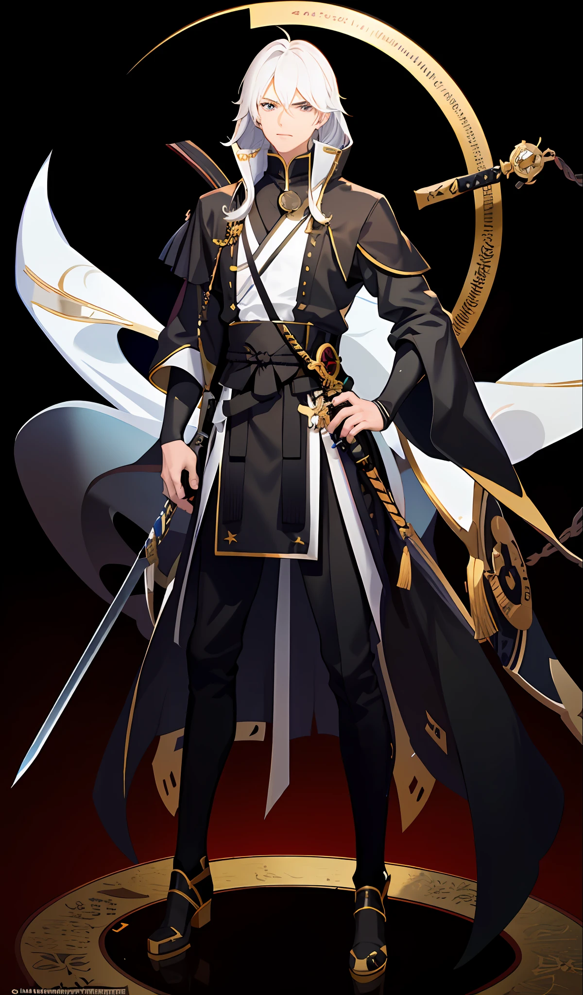 a vtuber model image of a man in a black outfit with a sword, yasuke 5 0 0 px models, single character full body, skinny male fantasy alchemist, full body single character, !!full body portrait!!, full body details, official character art, fullbody portrait, character full body portrait, full body illustration, full body close-up shot, black costume, live 2d, white long hair, white background