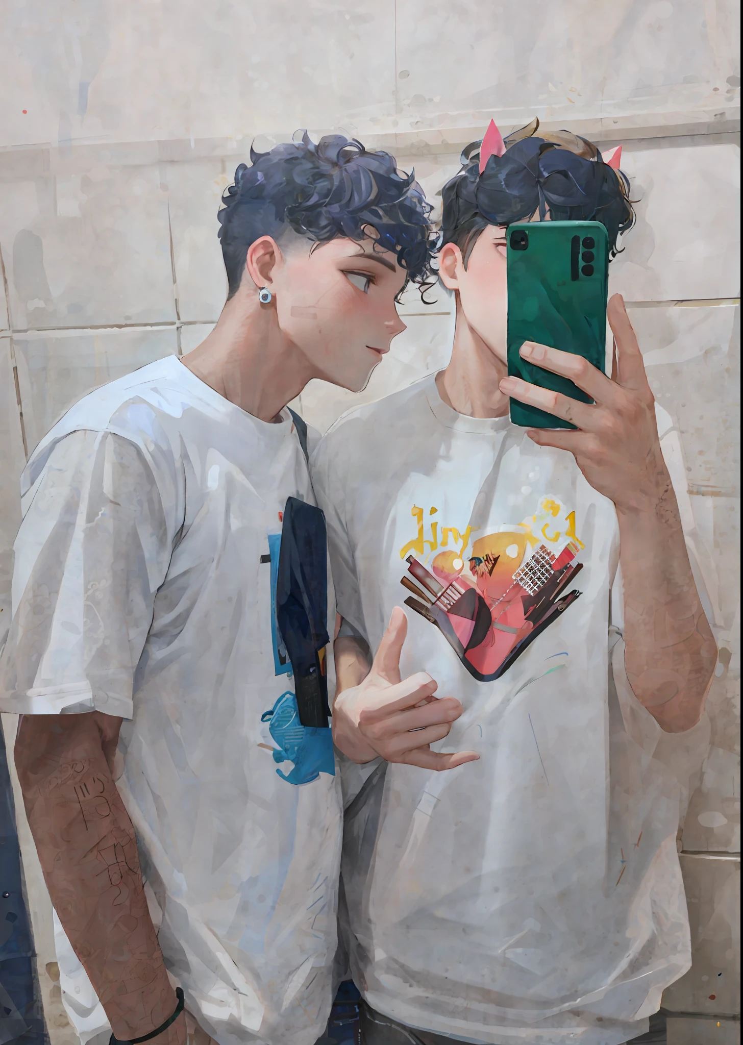 there are two men standing in a bathroom taking a selfie, gay, cute boys, vibrant aesthetic, by Nándor Katona, two young men, 😭🤮 💔, they are in love, curly and short top hair, boys, twink, kissing together cutely, tumblr, highly aesthetic, twins, very aesthetic!!!!!!, curls on top of his head