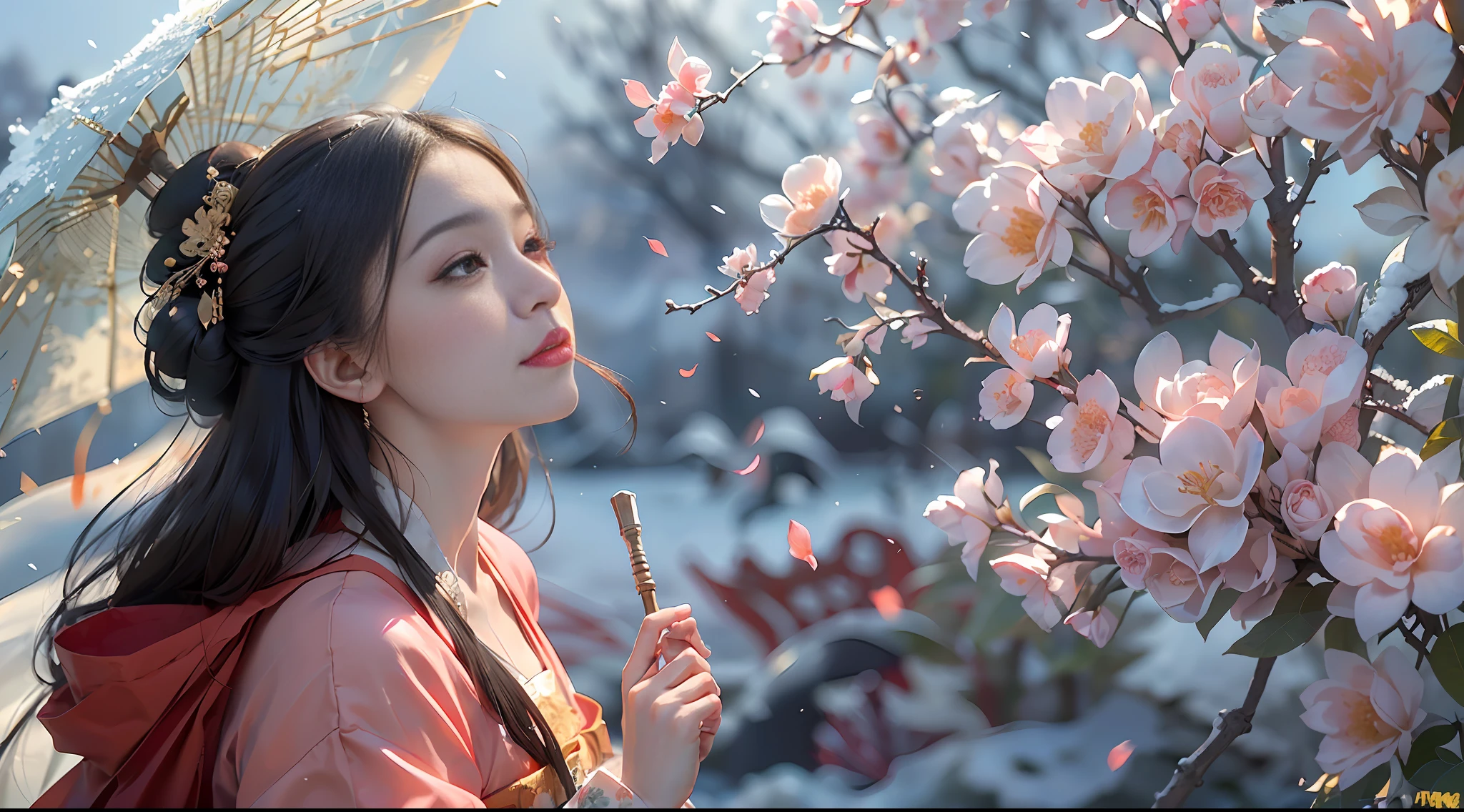 There is a woman in red dress holding a white umbrella, traditional Chinese white umbrella, wild snow scene, a girl in Hanfu, Hanfu, Chinese girl, Chinese woman, Chinese style, white Hanfu, red shawl, snowing, distant scene one A peach blossom tree, full of peach blossoms, a few villages of peach blossoms stretching down from the close-up view, a lot of peach petals floating in the air, heavy snow with goose feathers, 2 colorful butterflies flying, traditional Chinese clothing, cover photo Du&#39;s portrait Juan, portrait photo, China Princess, wearing red cheongsam, inspired by Tang Yifen, black haired goddess, beautiful brunette girl, oriental girl, master work, best picture quality, higher quality, high detail, super high resolution, 8k resolution, depth of field, Cinematography, Intricate detail, Elaborate, Meticulous, Magnificent, Maximum detail, Extreme beauty, (((1girl, solo))), 18age, Long hair, Black hair, White skin, Realistic, Masterpiece, (best picture quality), higher quality, high detail, super high resolution, panorama, exquisite facial features, perfect face, glowing skin, dreamy background, women, girls, angels, mini girls, goddesses, poets, shy, Surprise, shoulder-length hair, black hair, sharp and clear focus, three-dimensional silhouette, correct proportions, realistic portrait, face close-up, a very temperamental beautiful girl, slender figure, exquisite facial features, flowing long hair, Black hair, extremely detailed hair description, (collarbone), perfect face, clean and flawless face, long eyelashes, light pink eye shadow, shallow dimples, blush, watery big eyes crystal clear, delicate cream Glowing skin like skin, detailed skin details, CFG scale: 8, Hires upscale: 1.5, PT: Luo Tianyi, Shenli Linghua, LoRA: Hanfu 2.5D-4(0.3), Asian Face Girl-1(0.15) , OC rendering--V6