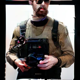 A skinny man in an olive jacket overalls carries a video camera next to an Audi