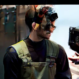 A skinny man in an olive jacket overalls carries a video camera next to an Audi