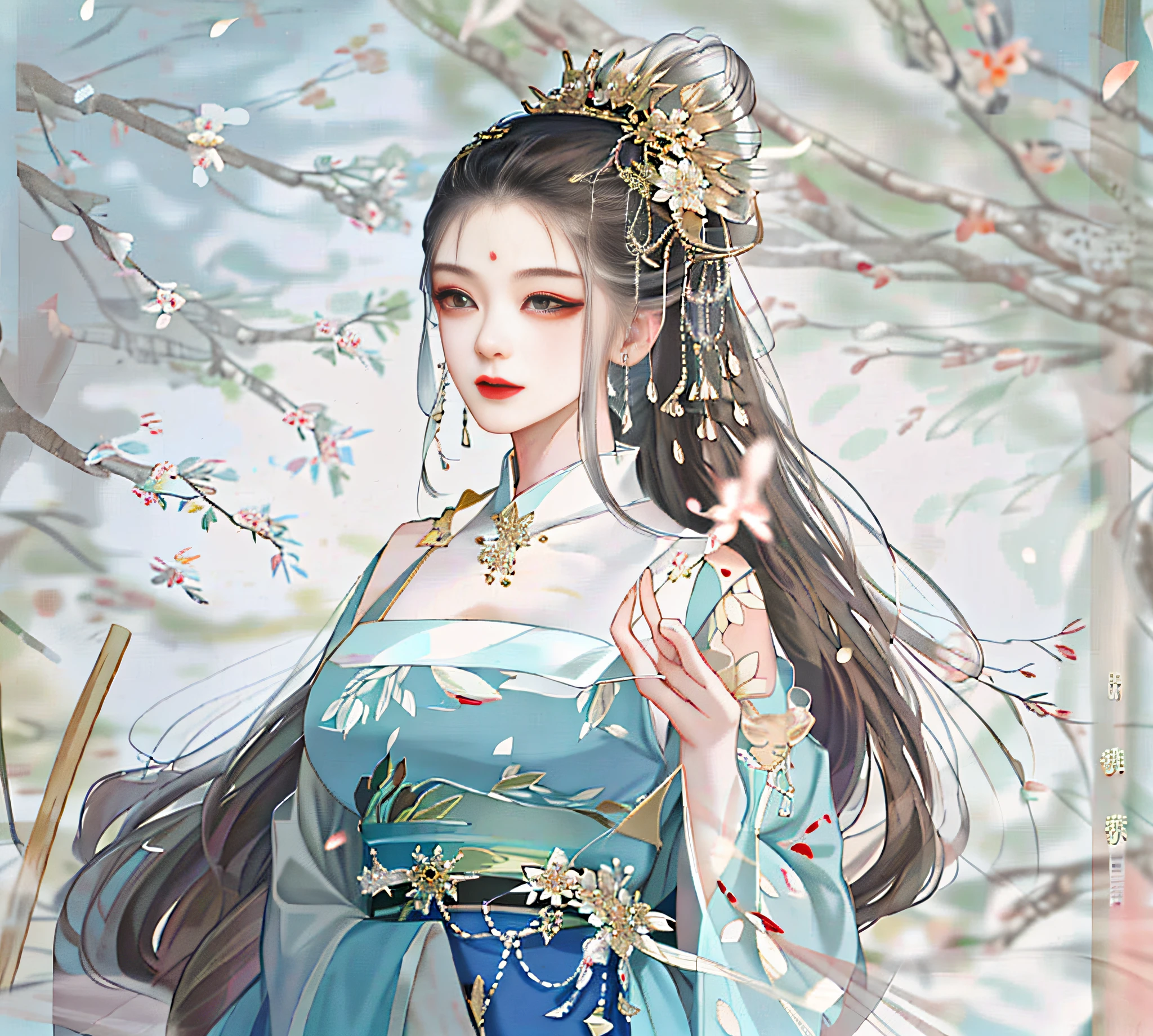 Ancient style Chinese woman standing painting, beautiful Hanfu, face is very cute and beautiful, fine picture, 8k, decorations are very exquisite