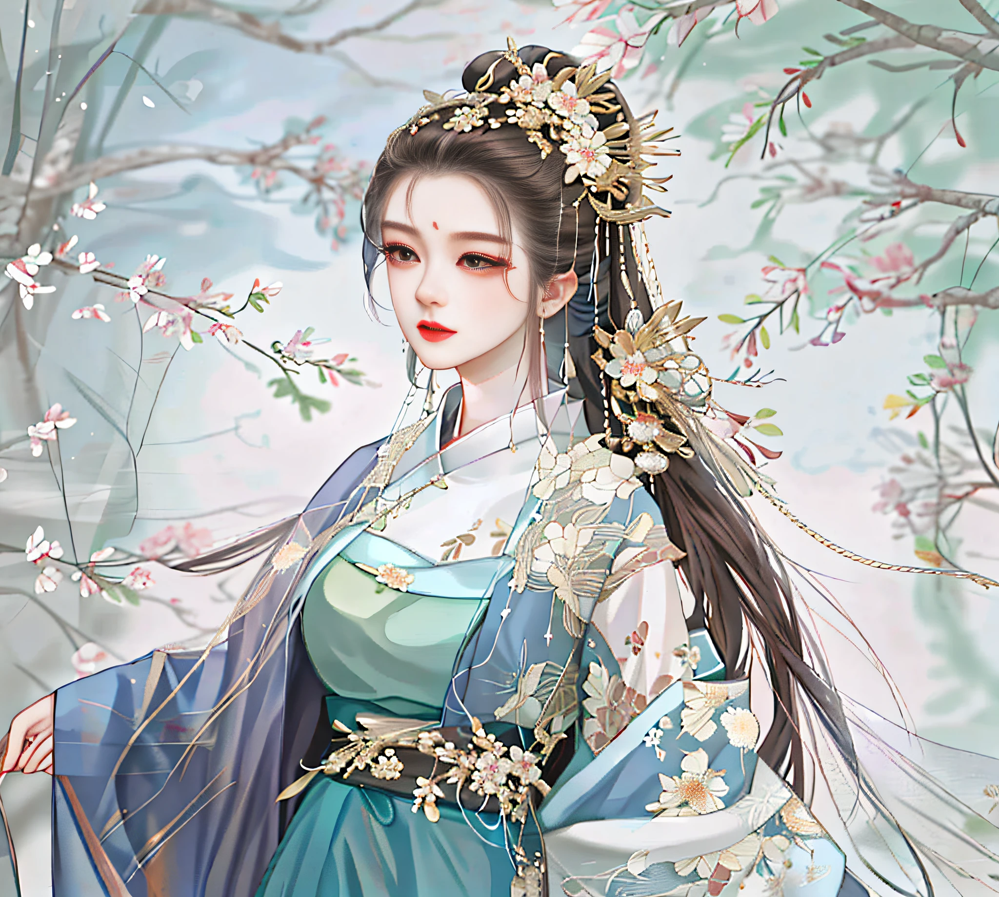 Ancient style Chinese woman standing painting, beautiful Hanfu, face is very cute and beautiful, fine picture, 8k, decorations are very exquisite