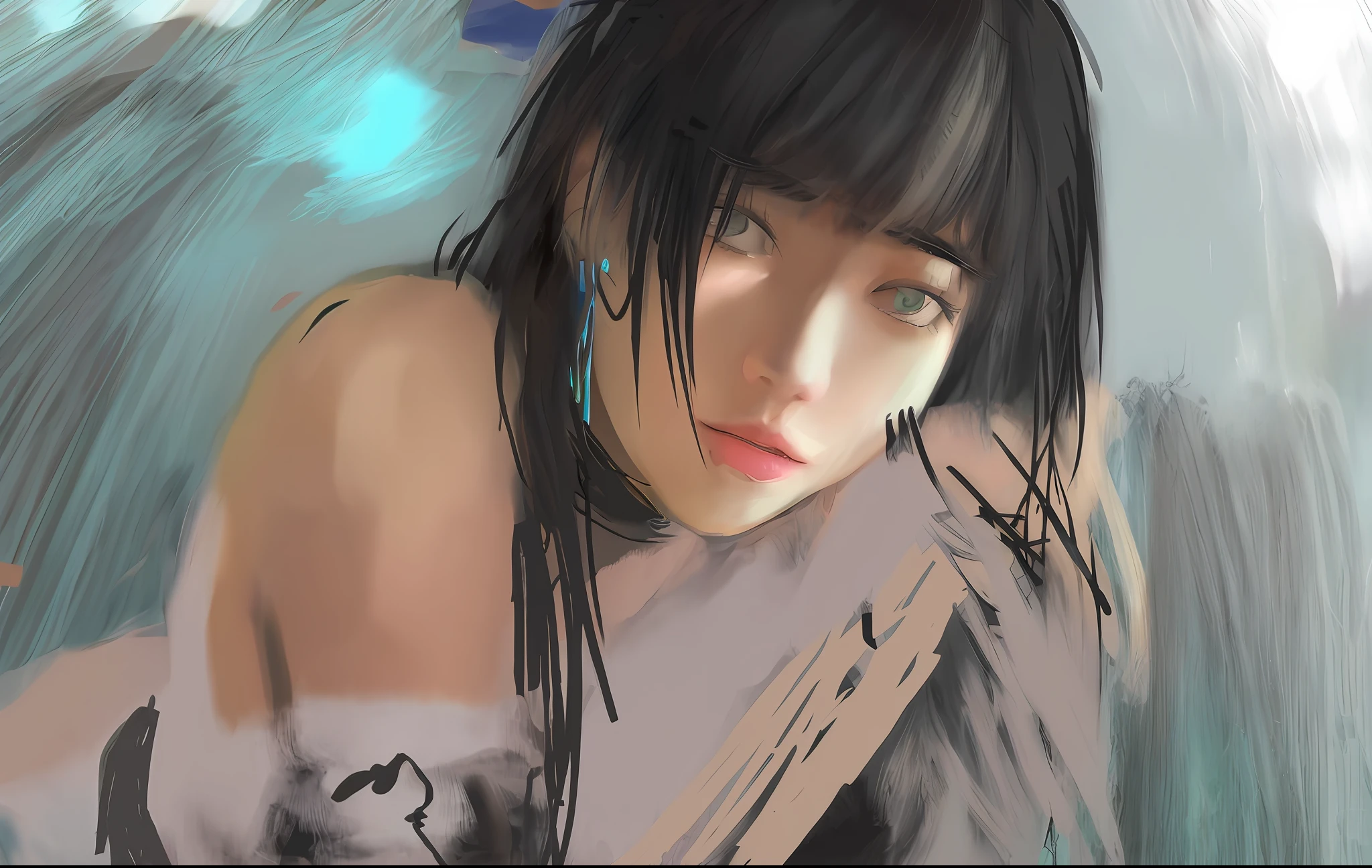 Beautiful painting style,Good image quality,Soft side light accents,A plain white dress,It sets off the unique style of the main body,Cross your hands in front of you,The feminine curves create an alluring visual experience,Lie on your stomach against the ground,Presents an elegant and artistic gesture。