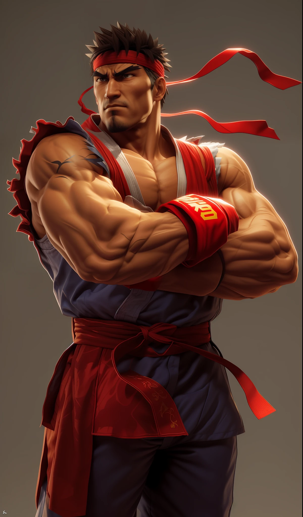 a close up of a man with a red bandanna on his head, ryu from street fighter, fighting game character, character from king of fighters, as a character in tekken, fighter pose, fighting stance, street fighter, in a fighting stance, shinkiro toshiaki mori, in a fighting pose, kazuma kaneko, goro from mortal kombat, hadouken, hyper detailed face and body, super realistic, 3D render