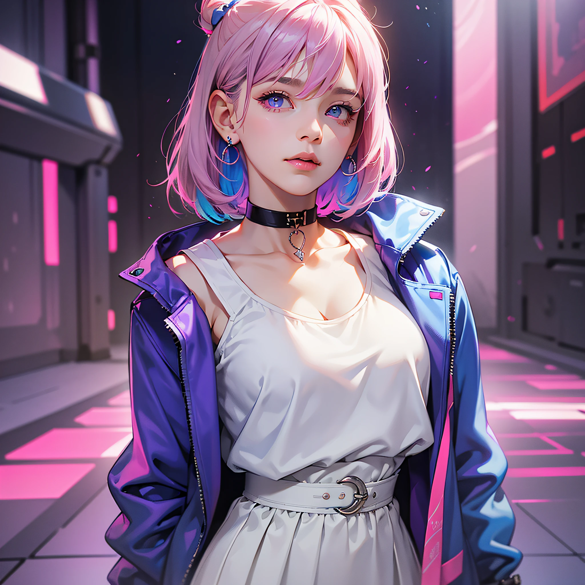 1girl, solo, march7th, bangs, hair between eyes, blue eyes, multicolored eyes, purple eyes, pink hair, choker, white shirt, medium hair, blue skirt, jewelry, earrings, ph_Mar, Marhd, Mards, jacket, upper body, cowboy shot, --auto --s2