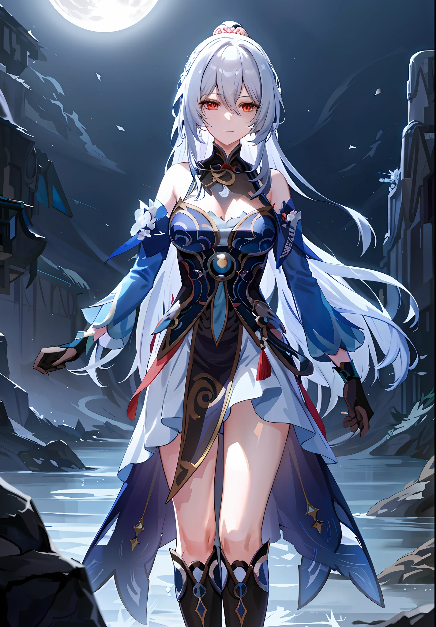 anime girl with long white hair and blue dress standing in front of a full moon, full body xianxia, keqing from genshin impact, anime goddess, beautiful celestial mage, 2. 5 d cgi anime fantasy artwork, cushart krenz key art feminine, genshin, cute anime waifu in a nice dress, full portrait of elementalist