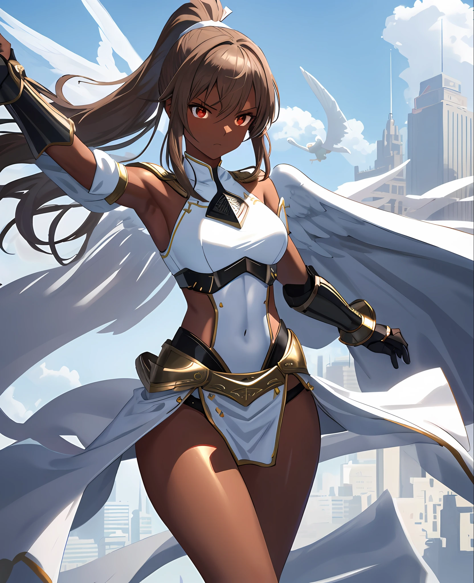 fantasy, 1angel_girl, low_, brown_hair, ponytail,long_bangs, (dark_skin)+, bare_shoulder, navel, thigh,silver_shiny_armor, white_clothes,waist_armor, grebe, hold_shiny_swords, medium_ breasts, angry, dynamic_pose_fighting,floating, (abs)0.8,(1pair_white_wings,pelvic_curtain)++, headgear ,city_sky_background,,slightly_spread_legs, multiple_shiny_swords_floating_ around_the_girl