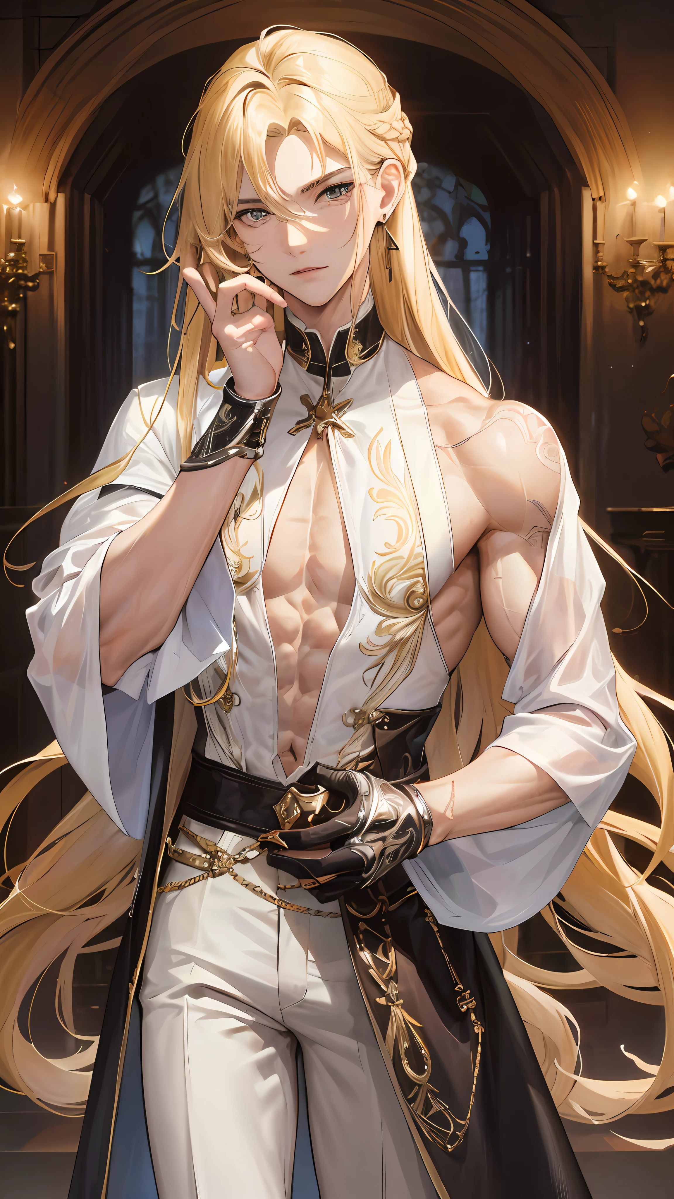 man, masculine, attractive, muscular, ((1man)), masterpiece, absurdres, best quality ,intricate details , (shiny skin, shiny body, shiny oily luster skin, shiny hair, pale skintone), old castle, Sundown, attractive, ((muscular)), adult, one, tattoo ,white blouse, earrings, brown pants, Don't look at the view , Not looking at the view, blonde very long hair, perfect detailed face, perfect detailed hands
