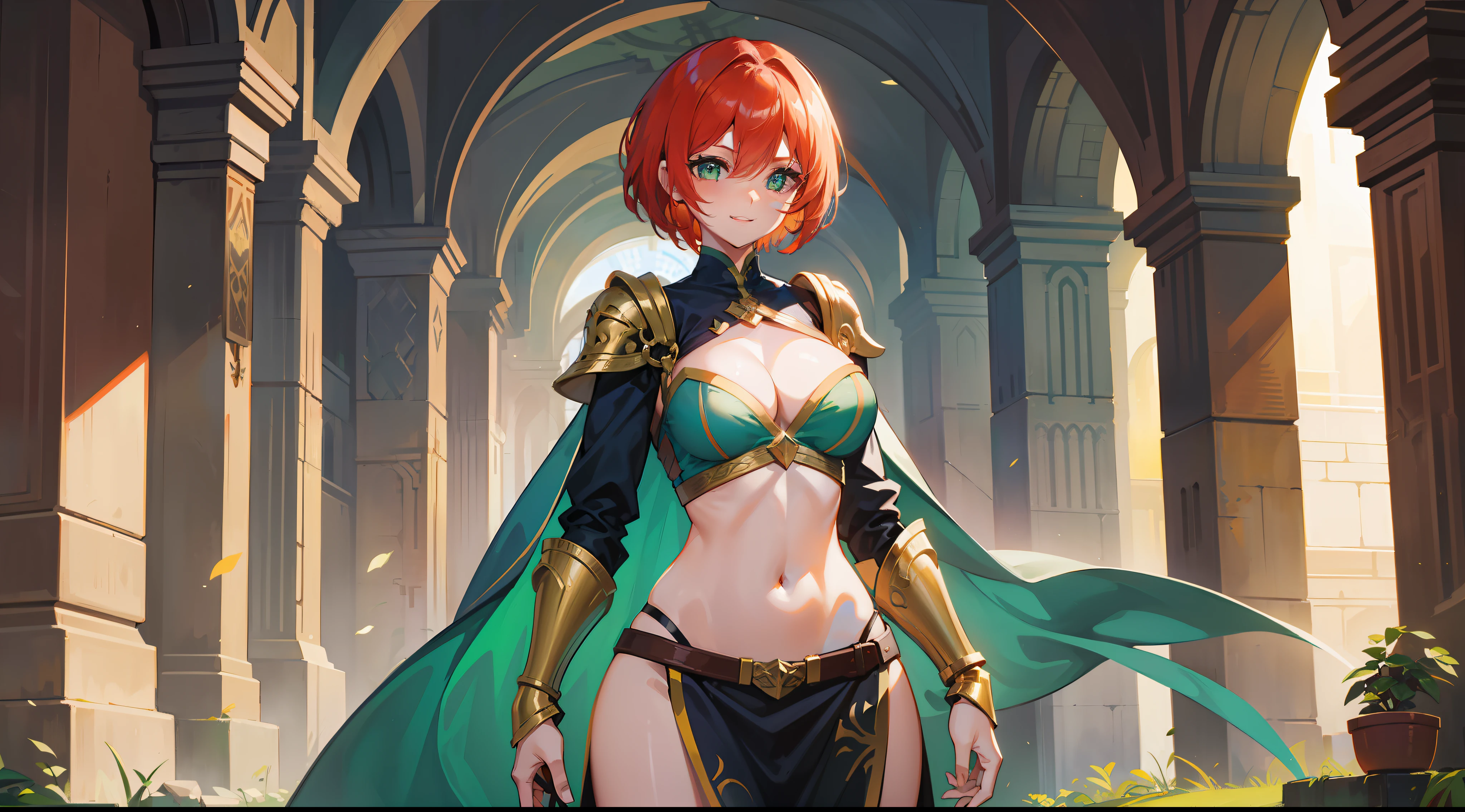 a girl, warrior, redhead, short hair, bright green eyes, beautiful breasts, hair between eyes, bangs, full body, confident, heroic posture, smiling, fantasy, medieval, rays of sun