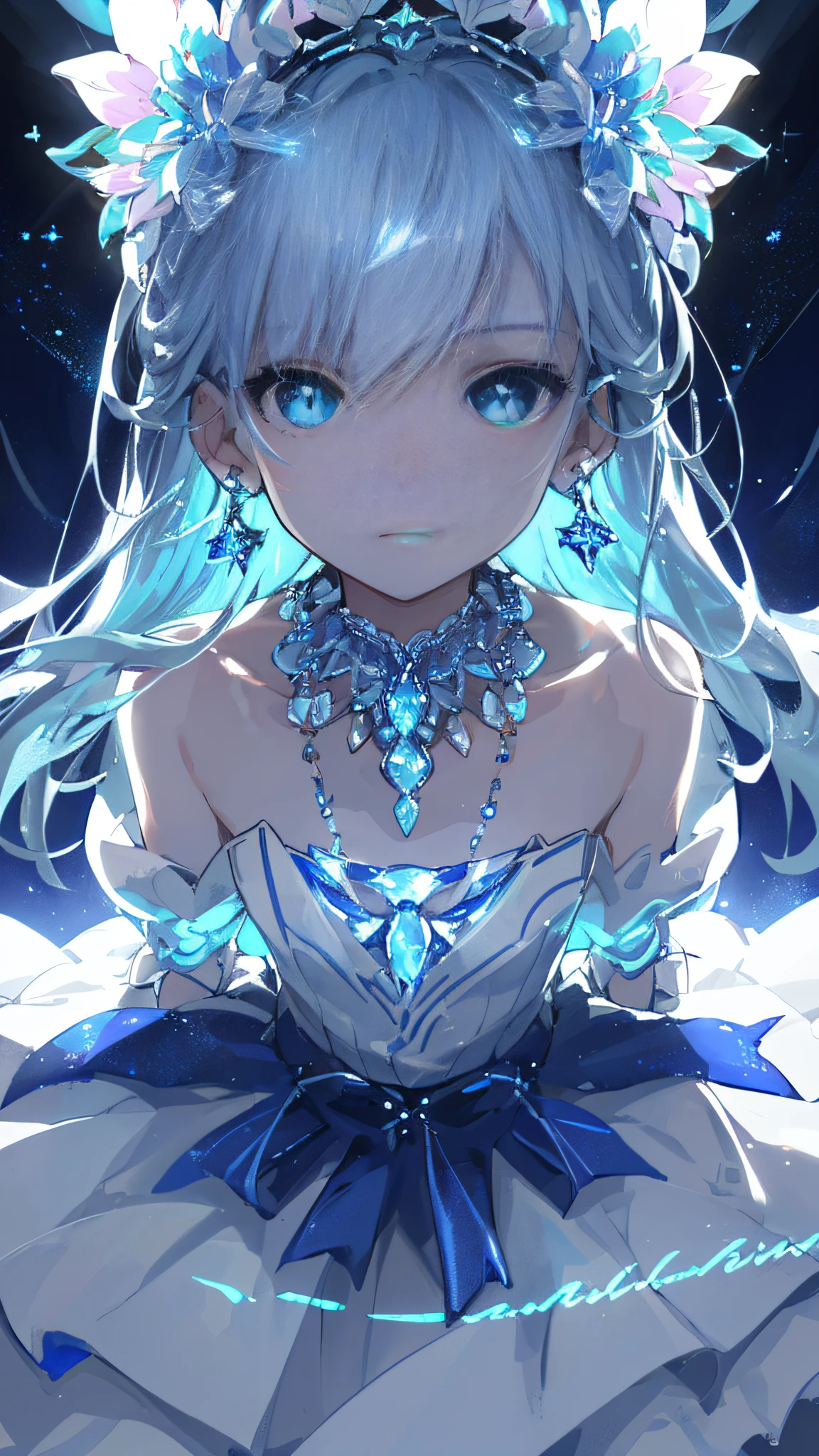 masterpiece, best quality, illustration, sax blue, platinum earrings, platinum necklace, white dress, 1girl, cute, (dynamic lighting:1.2), cinematic lighting, delicate facial features, detailed eyes, sharp pupils, realistic pupils, depth of field, bokeh, sharp focus, (hyper-detailed, bloom, glow:1.4), many small gems