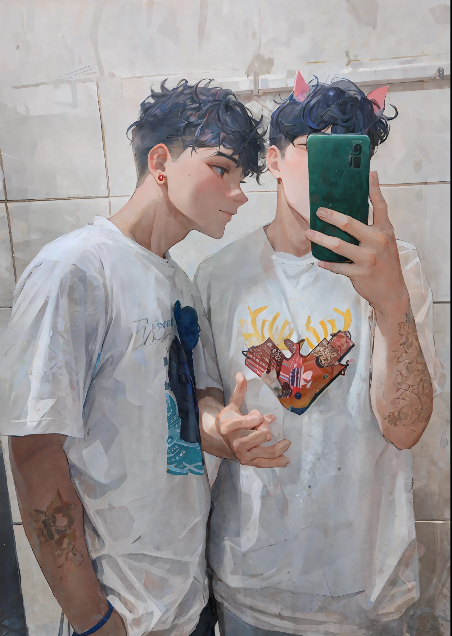 there are two men standing in a bathroom taking a selfie, gay, cute boys, vibrant aesthetic, by Nándor Katona, two young men, 😭🤮 💔, they are in love, curly and short top hair, boys, twink, kissing together cutely, tumblr, highly aesthetic, twins, very aesthetic!!!!!!, curls on top of his head