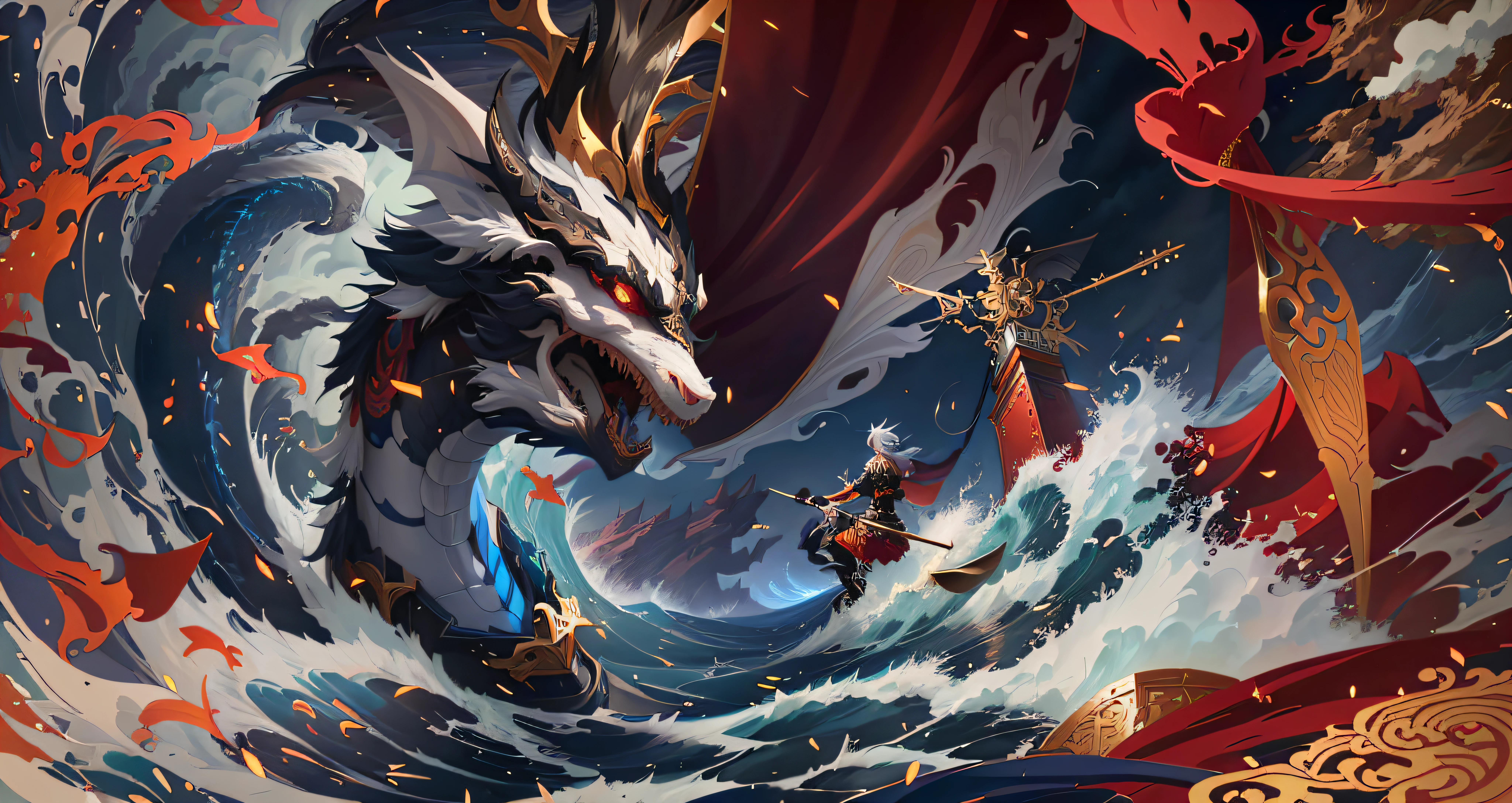 anime scene of a dragon riding a wave with a man on a boat, onmyoji detailed art, anime epic artwork, anime fantasy illustration, onmyoji, epic fantasy digital art style, anime fantasy artwork, by Yang J, 2. 5 d cgi anime fantasy artwork, anime art wallpaper 4 k, anime art wallpaper 4k, epic fantasy art style