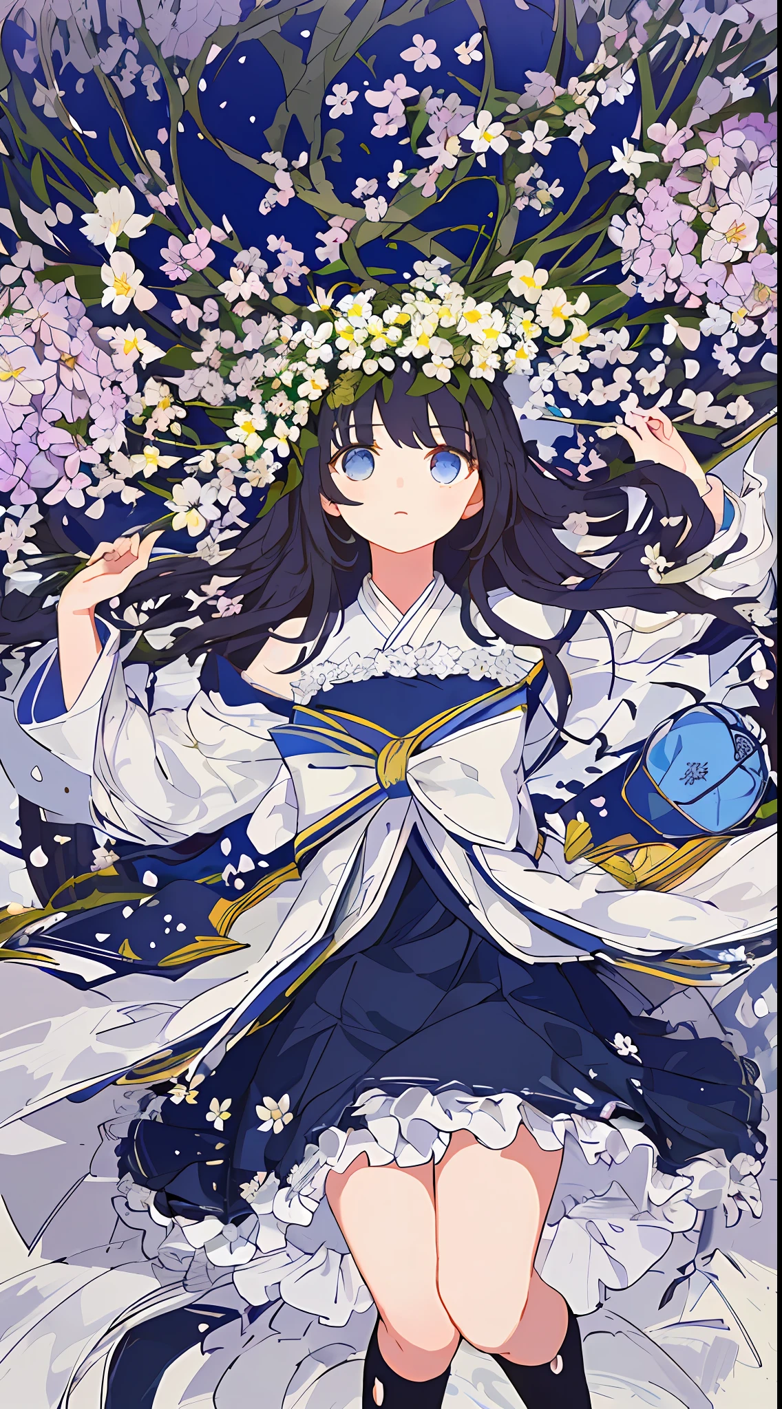((masterpiece,best quality)),(1girl, solo:1.4),negative space:1.3,from above,beautiful detailed eyes, vivid, cloudy sky, flower, anemone \(flower\), daffodil, hyacinth,falling petals,sanshoku dango, hanami, picnic, incoming kiss, incoming hug,