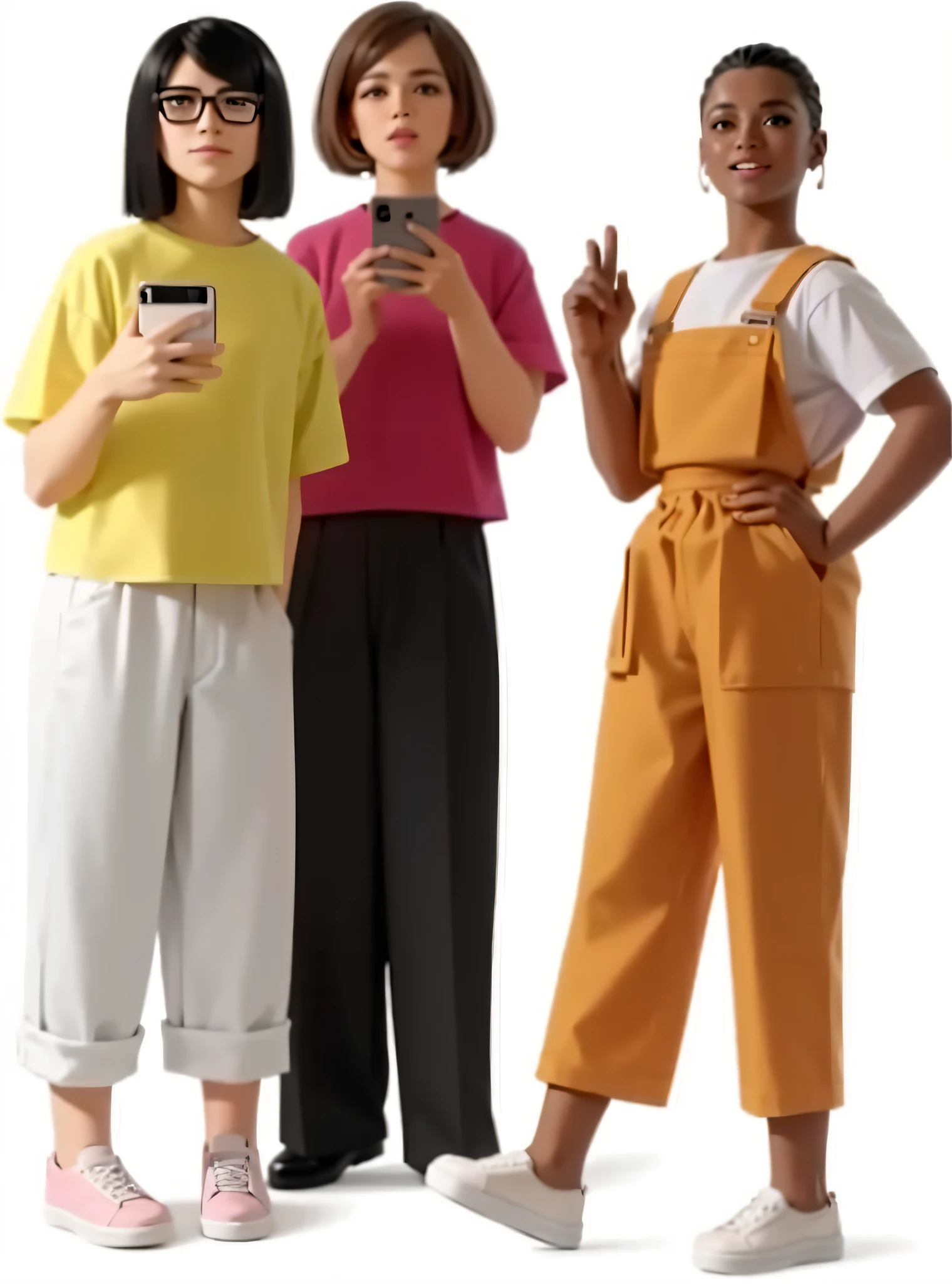 three people standing next to each other holding cell phones, roupas diversas, como 3 figuras, figura do desfile pop-up, Personagens 3D, promotional render, com rostos totalmente detalhados, Roupas realistas, caracteres detalhados, com dois personagens, ( figura altamente detalhada ), ad image, Figma, Pop Japonisme 3 D Ultra Detalhado, Arte Promocional, Figuras ((increase resolution, 4k)