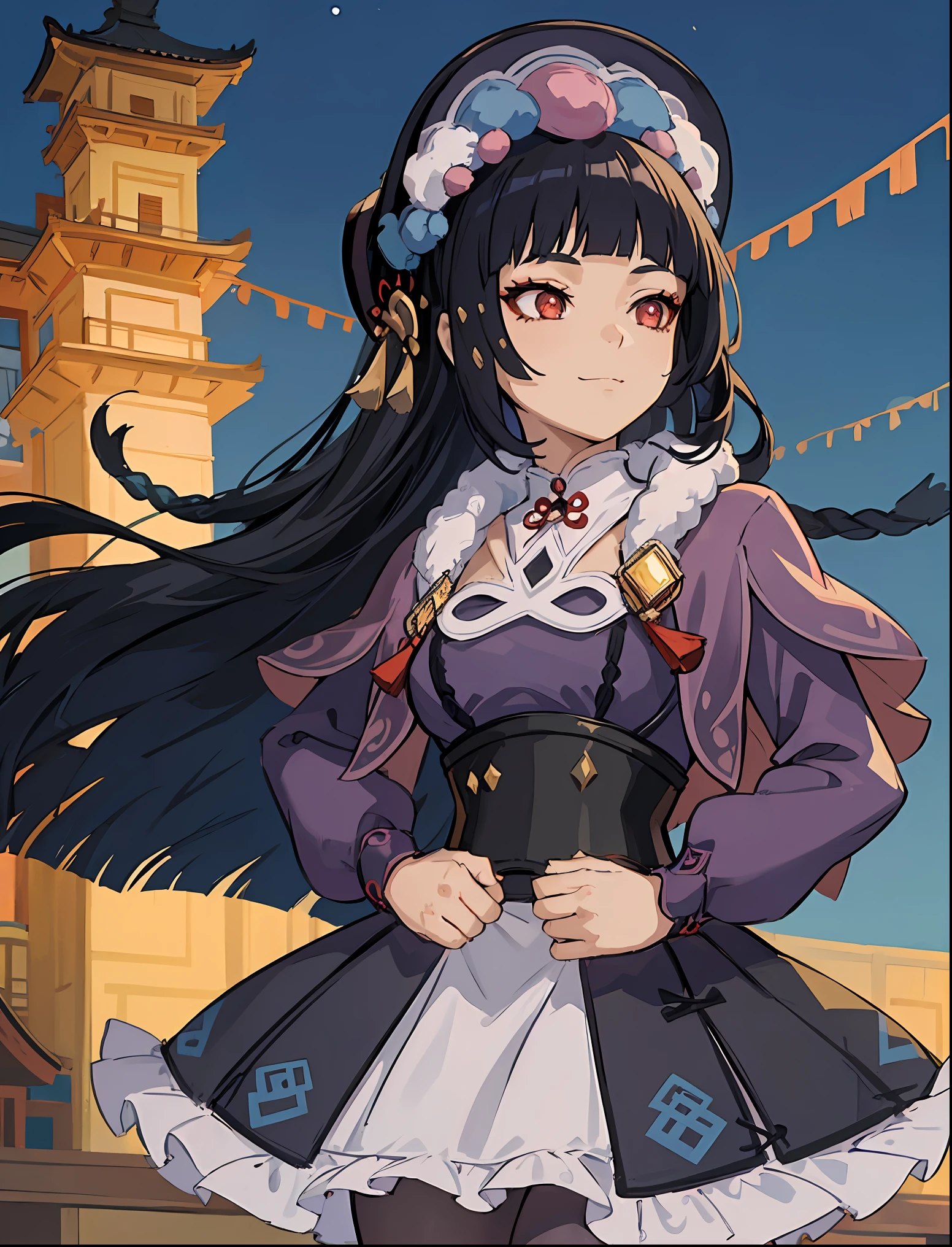 ((masterpiece:1.2)), best quality, pretty face, dramatic lighting,1girl, solo, blunt bangs, black corset, black hair, collar, red eyeshadow, long hair, looking afar, makeup, pink capelet, qi lolita, red eyes, puffy long sleeves, bonnet, purple dress, medium breasts, skirt, ((/black pantyhose/)),(Pantyhose Showing Panties),cameltoe,wind blowing skirt light smile, anime screencap, night sky, east asian architecture, Liyue,