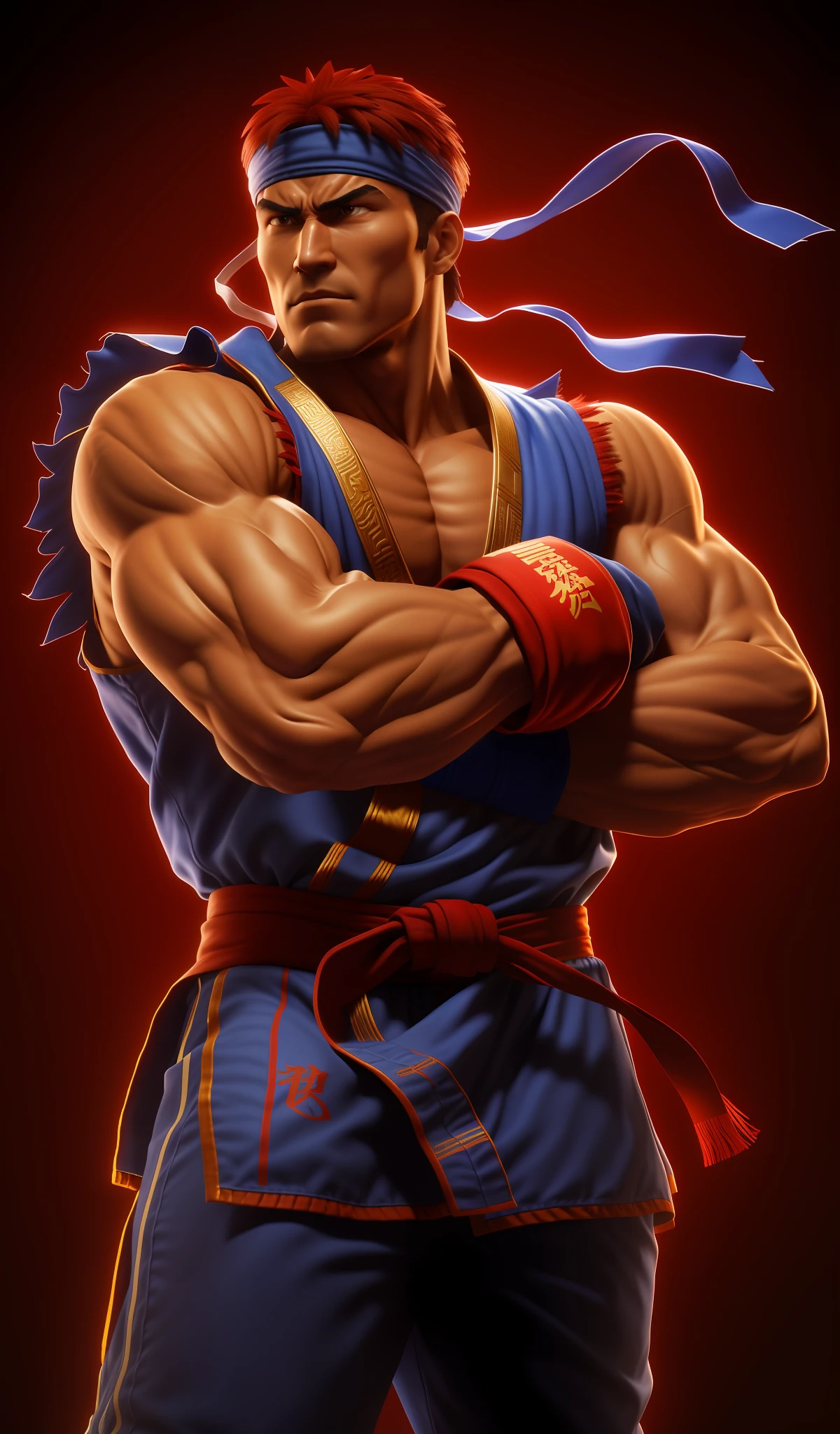 a close up of a man with a red bandanna on his head, ryu from street fighter, fighting game character, character from king of fighters, as a character in tekken, fighter pose, fighting stance, street fighter, in a fighting stance, shinkiro toshiaki mori, in a fighting pose, kazuma kaneko, goro from mortal kombat, hadouken, hyper detailed face and body, super realistic, 3D render