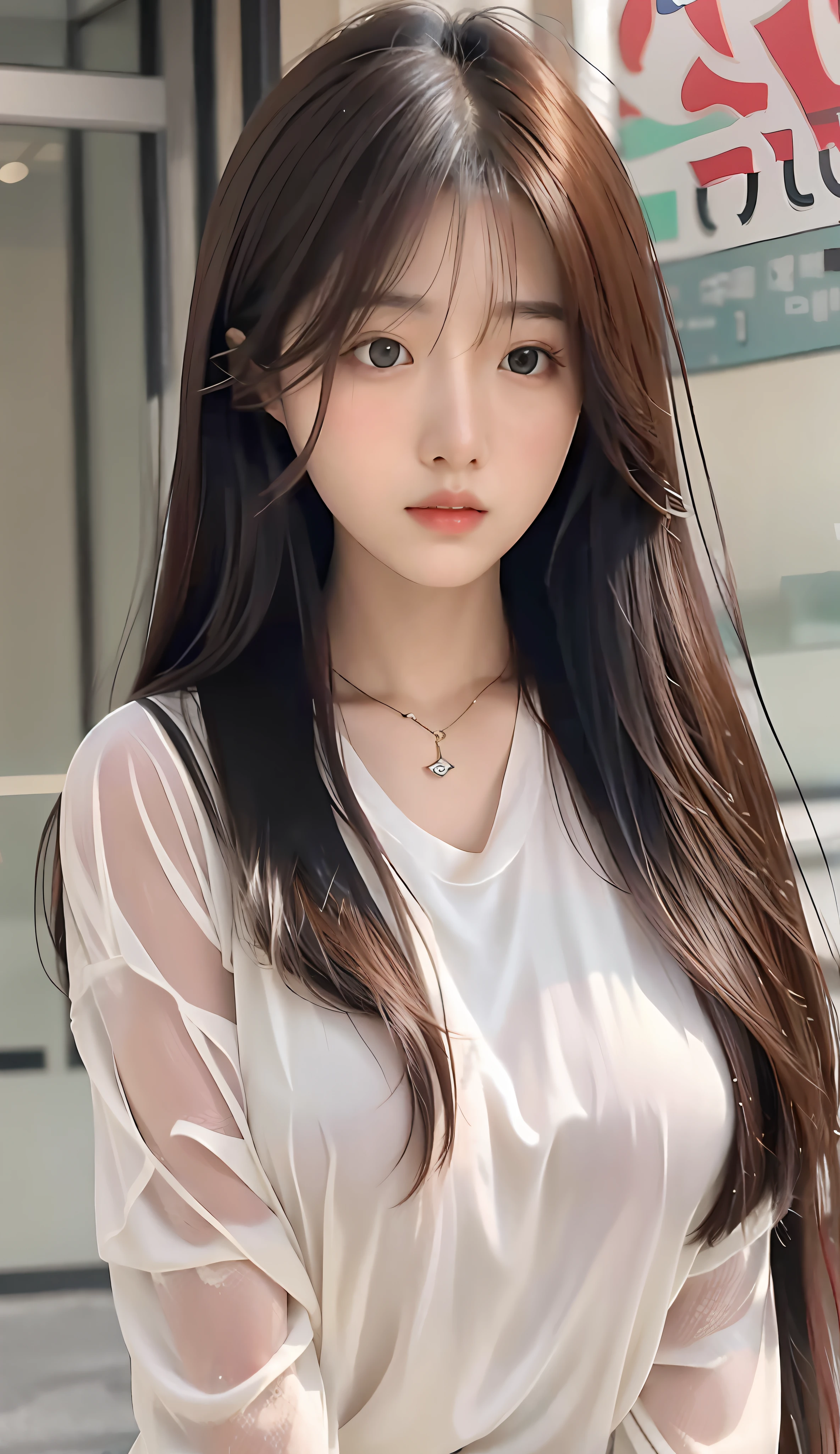 close-up of a long haired woman in a white shirt, beautiful korean woman, pretty young korean woman, beautiful young korean woman, korean girl, asian girl with long hair, korean woman, jaeyeon nam, beautiful asian girl, young cute korean face, ulzzang, cute face of girl, portrait of korean female idol, very beautiful girl with huge, bursting breasts, cow's milk