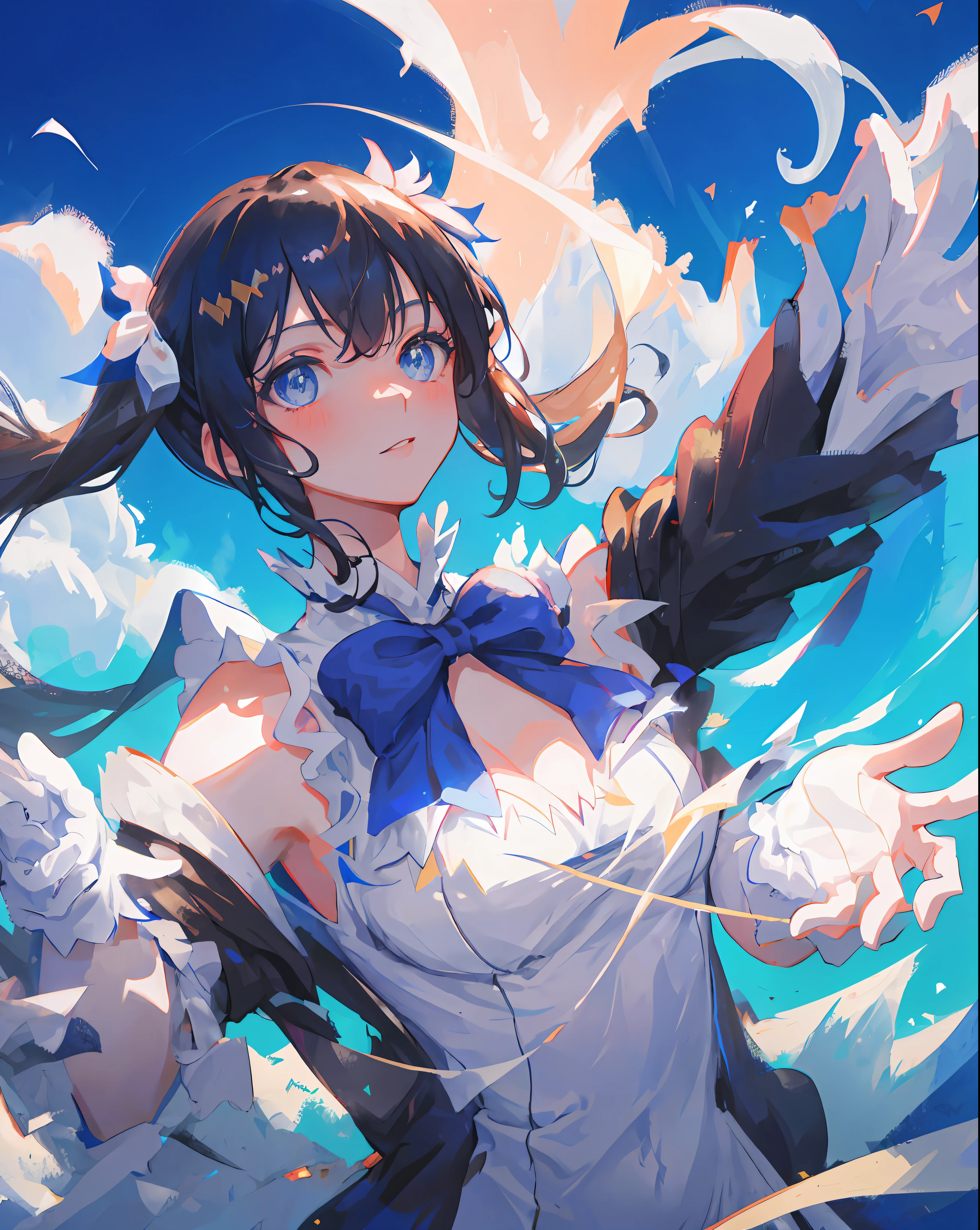 MKSKS style, Masterpiece, Top quality, Long eyelashes, Eyeliner, Eyeshadow, Mascara, Colorful, Pink lips, Deep skin, Look at the viewer, Outstanding smile, Upper body, Curvaceous, Hestia (Danmachi), 1girl, Breasts, Solo, Long hair, Blue ribbon, Twin tails, Gloves, Ribbon, Dress, Lei's pimp, Big, Blue eyes, Black hair, White gloves, Cleavage, white dress, look at the viewer, closed mouth, hair ribbon, bow, sleeveless, sleeveless dress, bangs, blush, cleavage cutouts, hair ornaments, bow ties, clothes clippings, very long hair, covered navel, arm ribbons, shiny skin, outdoors, meadow, blue sky, cloudy sky, tight, taut dress, chest focus, upper body, super detail, illustration, close-up, straight, portrait, face focus, :p,