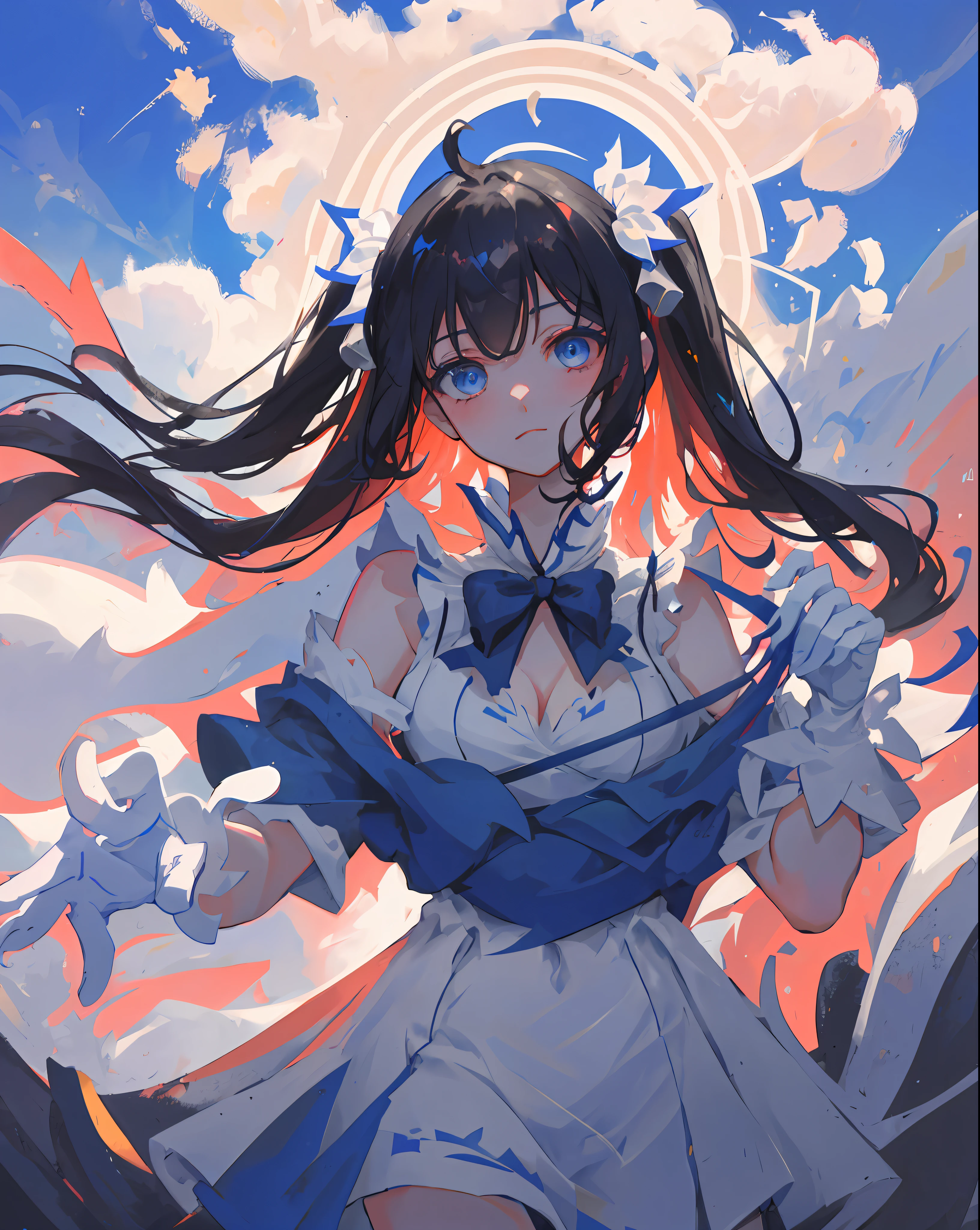 MKSKS style, Masterpiece, Top quality, Long eyelashes, Eyeliner, Eyeshadow, Mascara, Colorful, Pink lips, Deep skin, Look at the viewer, Outstanding smile, Upper body, Curvaceous, Hestia (Danmachi), 1girl, Breasts, Solo, Long hair, Blue ribbon, Twin tails, Gloves, Ribbon, Dress, Lei's pimp, Big, Blue eyes, Black hair, White gloves, Cleavage, white dress, look at the viewer, closed mouth, hair ribbon, bow, sleeveless, sleeveless dress, bangs, blush, cleavage cutouts, hair ornaments, bow ties, clothes clippings, very long hair, covered navel, arm ribbons, shiny skin, outdoors, meadow, blue sky, cloudy sky, tight, taut dress, chest focus, upper body, super detail, illustration, close-up, straight, portrait, face focus, :p,