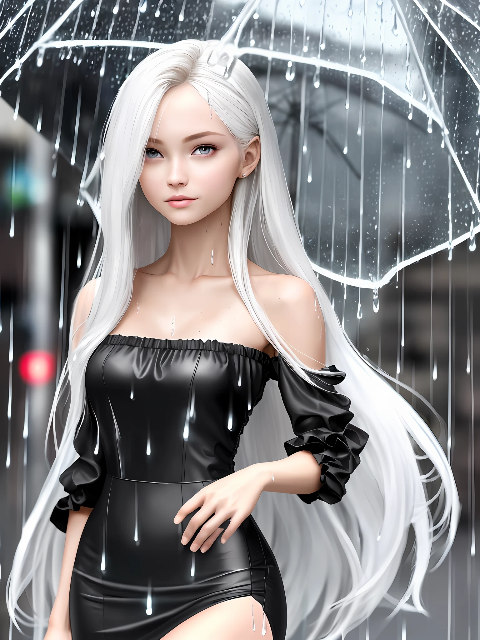((Best Quality, 8K, Masterpiece:1.3)), Focus: 1.2, Perfect Body Beauty: 1.4, Buttocks: 1.2, ((Layered Haircut, Breasts: 1.2)), (Wet Clothes: 1.1) , (Rain, Street:1.3), Bandeau Dress: 1.1, Highly Detailed Face and Skin Texture, Delicate Eyes, Double Eyelids, Whitened Skin, Long Hair