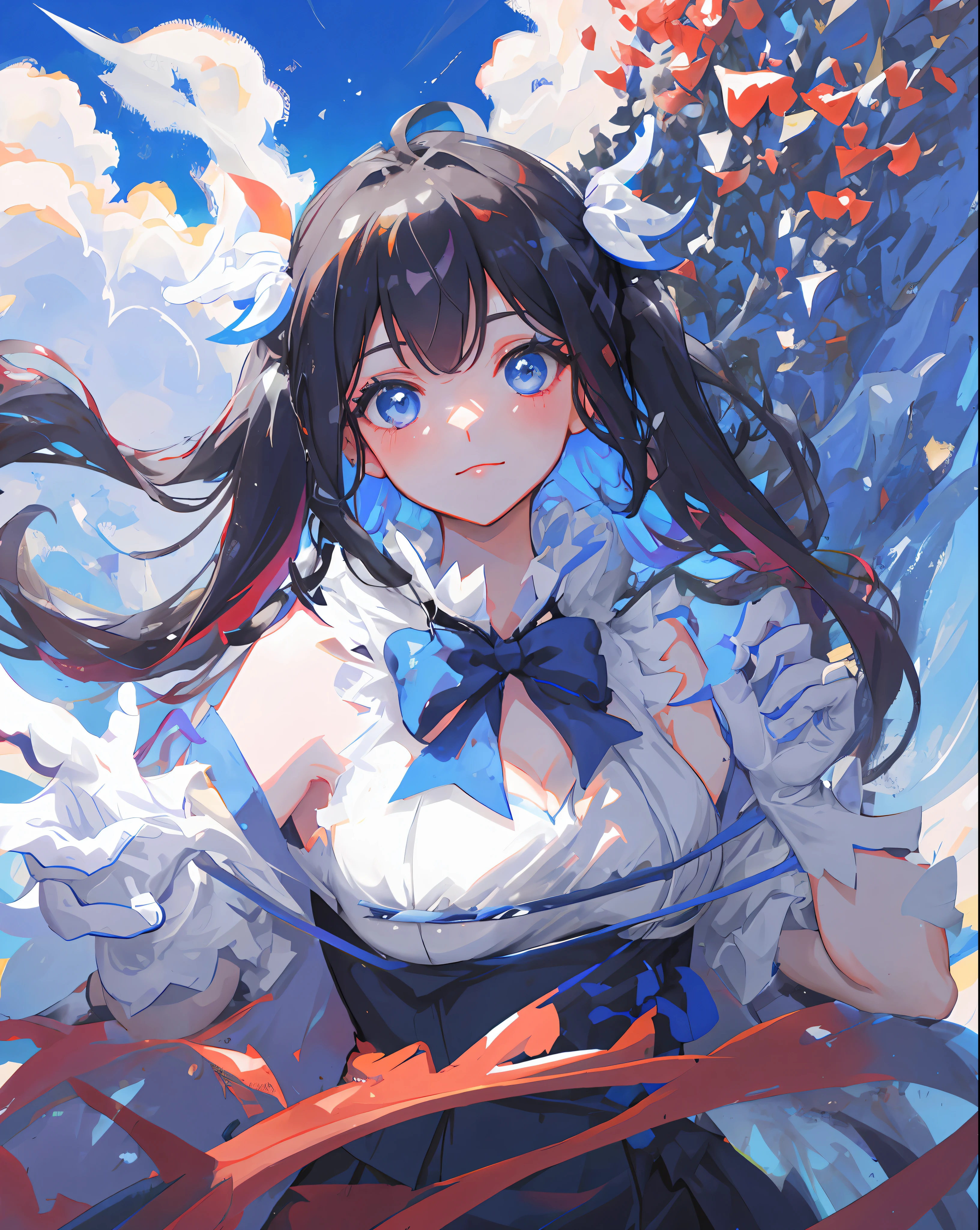 MKSKS style, Masterpiece, Top quality, Long eyelashes, Eyeliner, Eyeshadow, Mascara, Colorful, Pink lips, Deep skin, Look at the viewer, Outstanding smile, Upper body, Curvaceous, Hestia (Danmachi), 1girl, Breasts, Solo, Long hair, Blue ribbon, Twin tails, Gloves, Ribbon, Dress, Lei's pimp, Big, Blue eyes, Black hair, White gloves, Cleavage, white dress, look at the viewer, closed mouth, hair ribbon, bow, sleeveless, sleeveless dress, bangs, blush, cleavage cutouts, hair ornaments, bow ties, clothes clippings, very long hair, covered navel, arm ribbons, shiny skin, outdoors, meadow, blue sky, cloudy sky, tight, taut dress, chest focus, upper body, super detail, illustration, close-up, straight, portrait, face focus, :p,