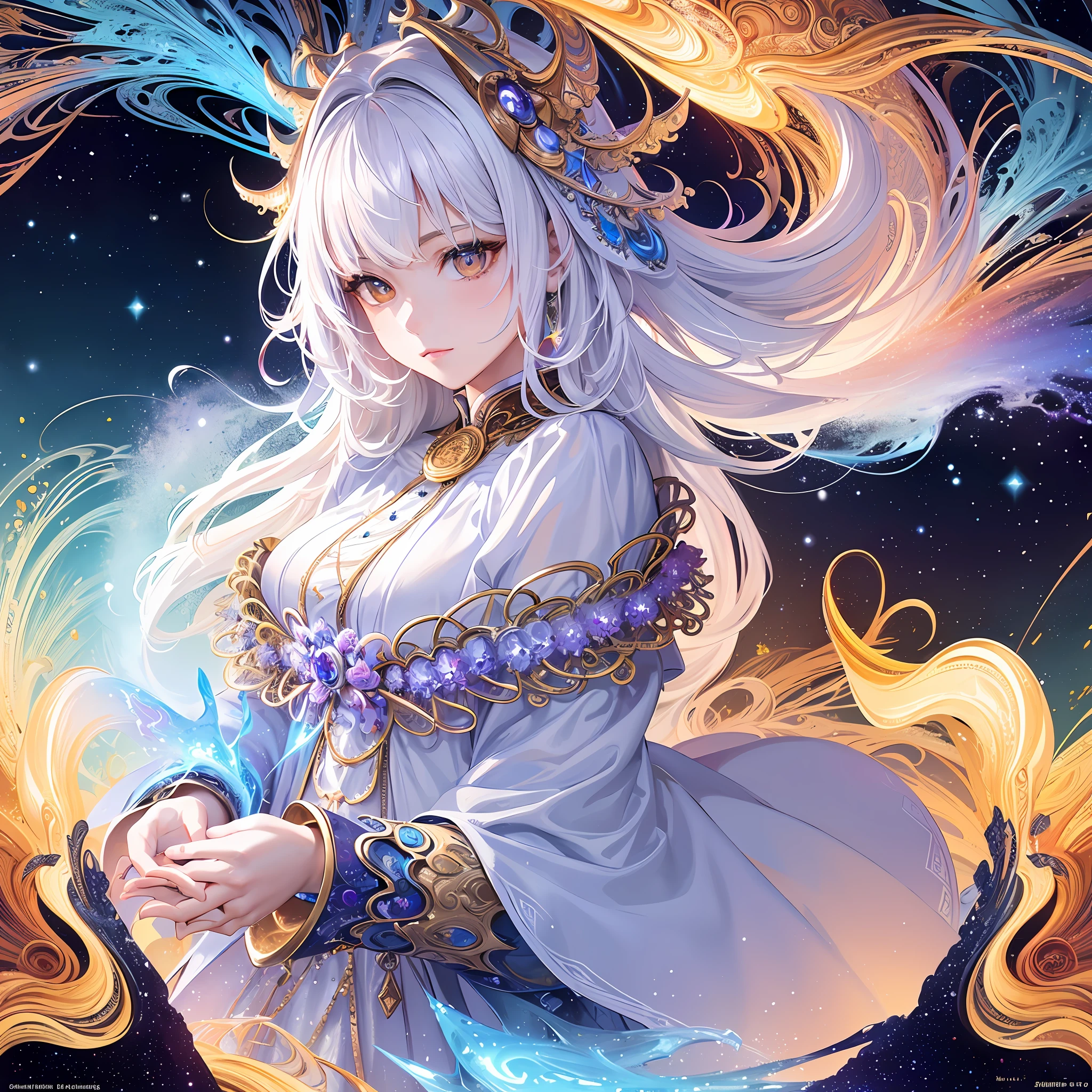 (masterpiece, top quality, best quality, official art, beautiful and aesthetic:1.2), (1girl), extreme detailed, (fractal art:1.3), colorful, highest detailed, perfect face, upper body, HDR, (praying:1.3), (white cloak golden lines:1.2), galaxy, (light streaks), striking visuals, (dynamic streaks, luminous trails:1.2), vibrant colors,