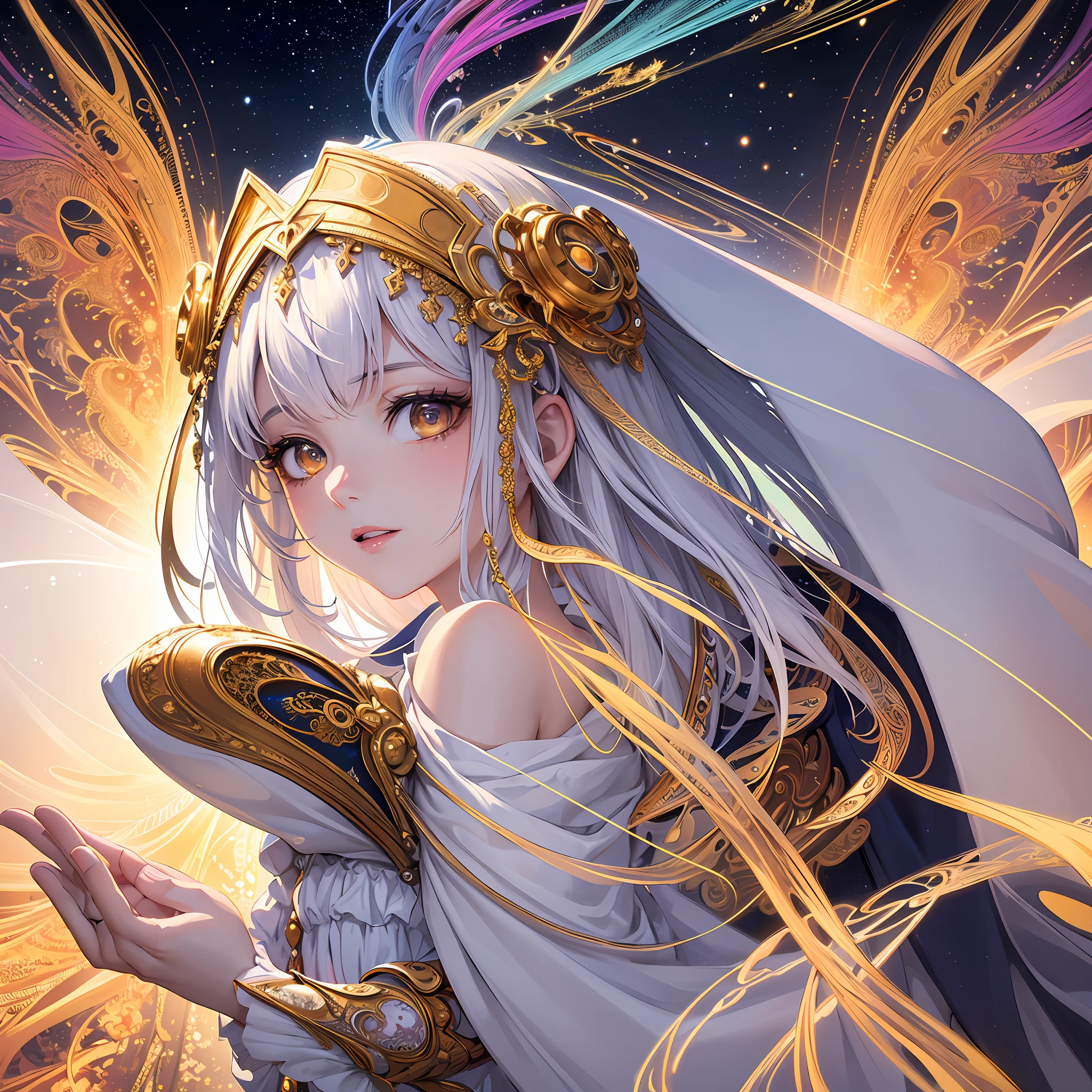 (masterpiece, top quality, best quality, official art, beautiful and aesthetic:1.2), (1girl), extreme detailed, (fractal art:1.3), colorful, highest detailed, perfect face, upper body, HDR, (praying:1.3), (white cloak golden lines:1.2), galaxy, (light streaks), striking visuals, (dynamic streaks, luminous trails:1.2), vibrant colors,