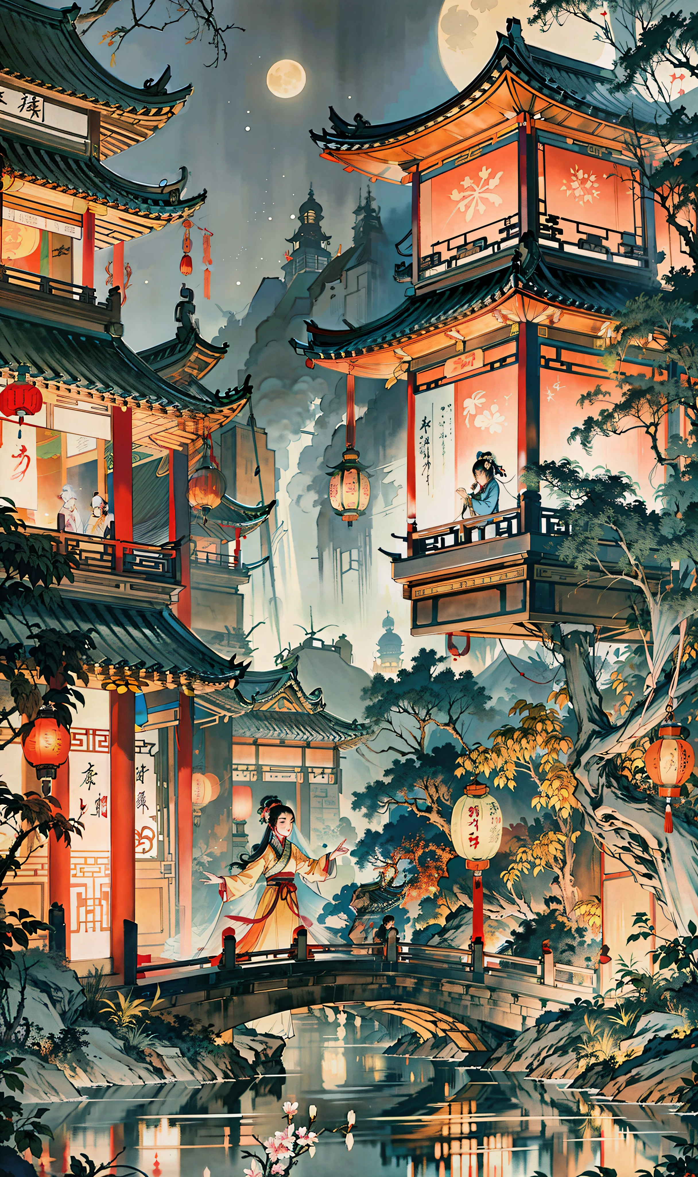 1girl,chinese clothes, hanfu,lantern,city, East Asian architecture,garden,street,building on mountain,light particles,firefly,night:1.5,moon,star,river, nature,neon lights,cyberpunk,outdoors,(Masterpiece, best quality, very detailed CG, complex details: 1.2), .