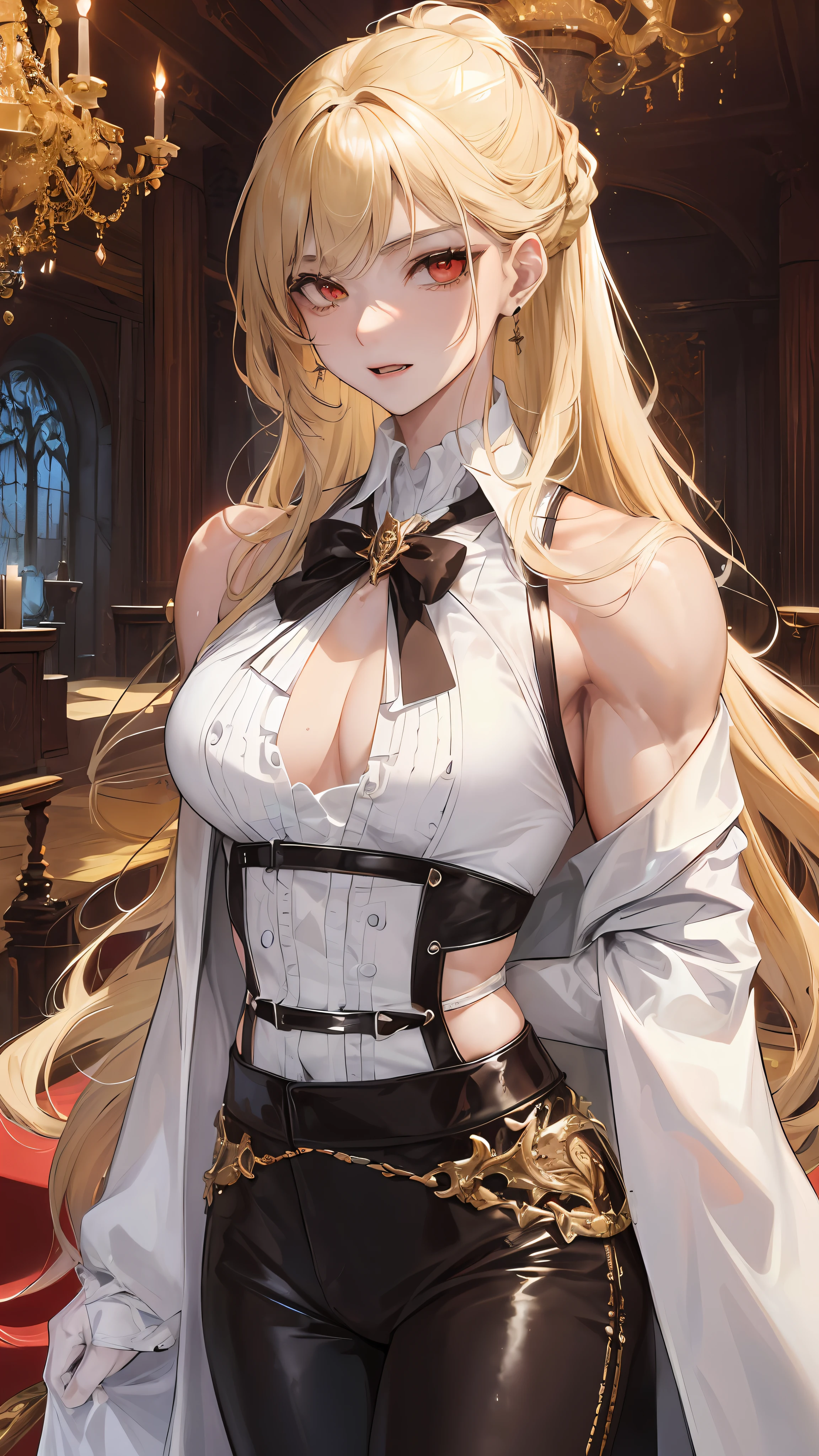 man, masculine, attractive, muscular, ((1man)), masterpiece, absurdres, best quality ,intricate details , (shiny skin, shiny body, shiny oily luster skin, shiny hair, pale skintone), old castle, Sundown, attractive, ((muscular)), adult, one, tattoo ,white blouse, earrings, brown pants, Don't look at the view , Not looking at the view, blonde very long hair, perfect detailed face, vampire fangs, red eyes