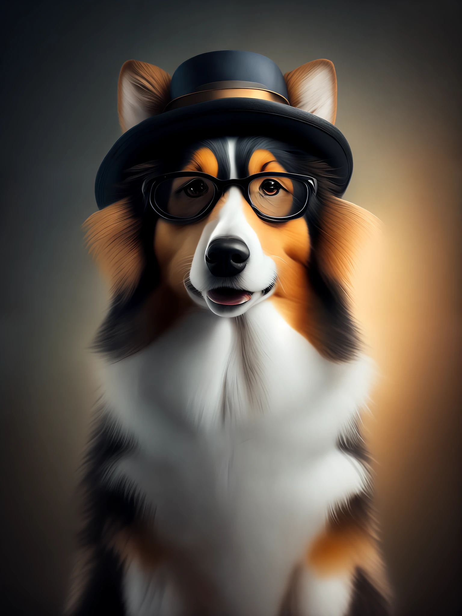 Retrato, cute collie in hat and glasses, pouca luz, 8K, Moody