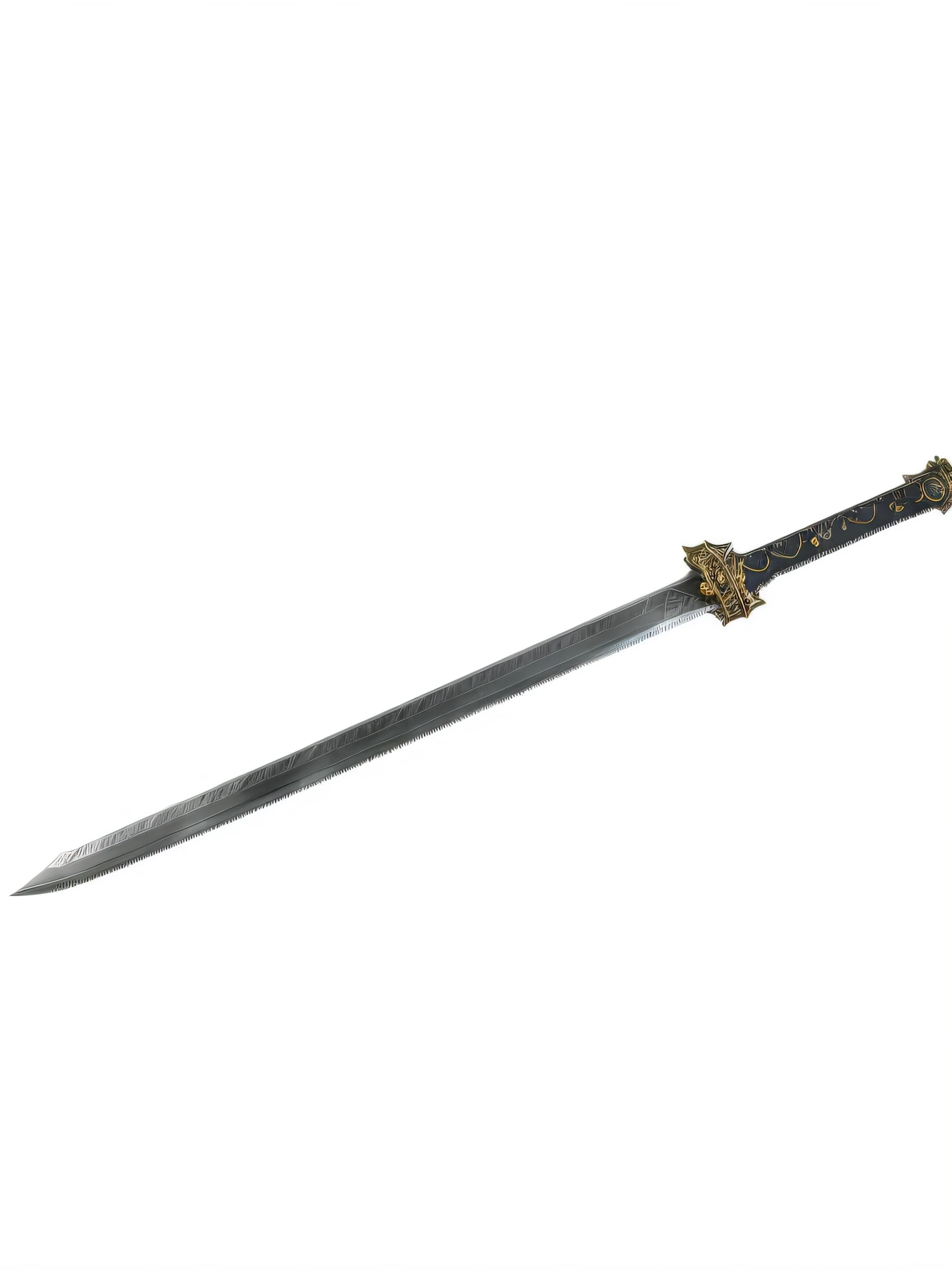 there is a very long knife with a gold handle on a white background, large sword, jiang sword, orkish sword, fantasy sword of warrior, fantasy sword, long sword, war blade weapon, armored sword blade, huge oversized sword, big sword, huge sword, black iron sword, basic steel sword, steel sword, arabian sword, greatsword, broadsword