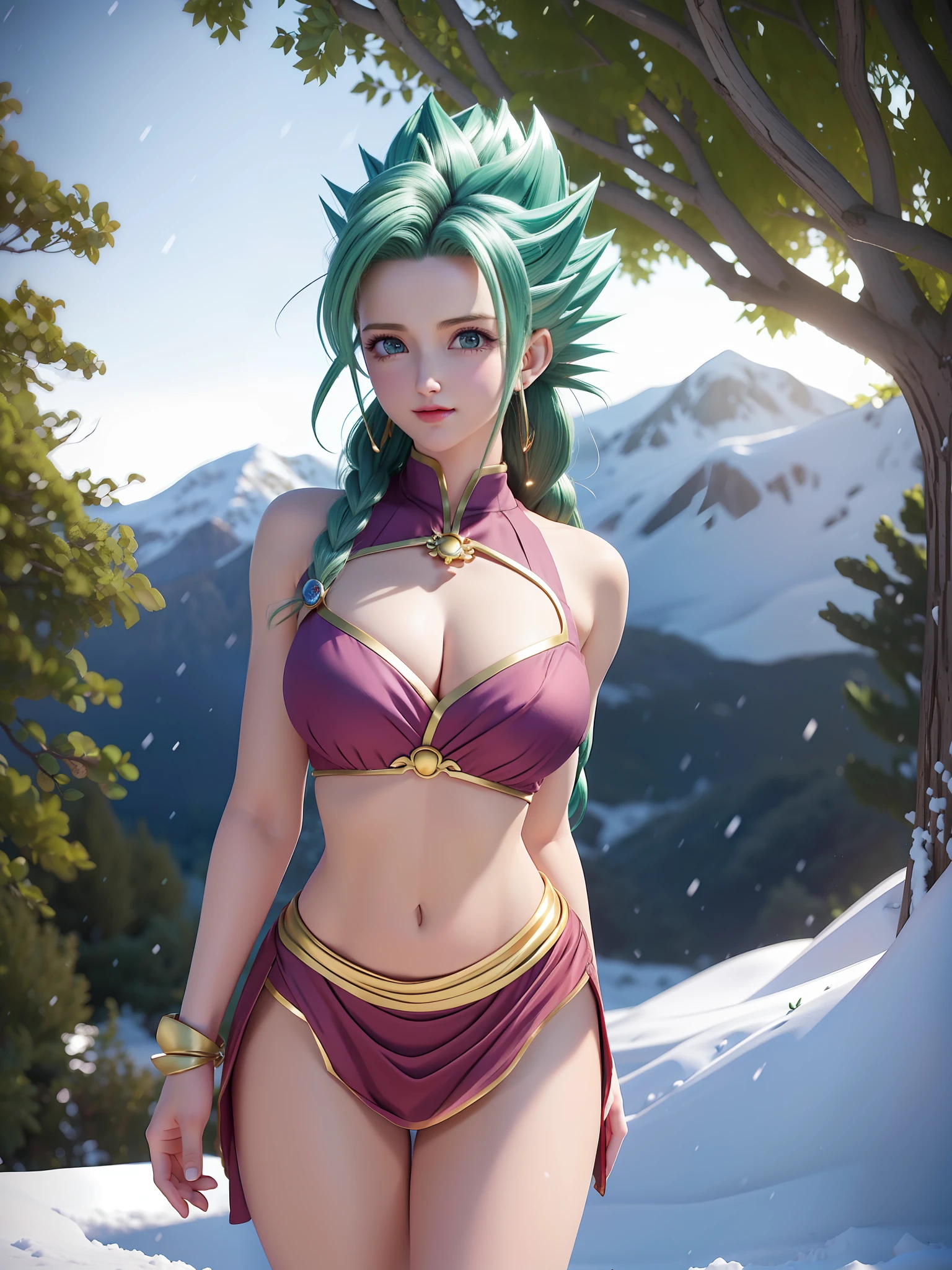 (caulifla from dragon ball movie:1.35), (caulifla outfits from dragon ball movie:1.35), 1girl, closed mouth, female focus, muscular, muscular female, rock, sash, serious, solo, realistic spiked hair, ultra instinct, (masterpiece, best quality, extremely detailed 8k, ultra hd, ultra-detailed, highly detailed, highly realistic, photo realistic), (1girl:1.5), (beautiful realistic face, detailed realistic face), (high detailed realistic natural blonde hair, beautiful realistic hairstyle), (beautiful realistic eyes, high detailed realistic green tosca eyes, proportional eyes, realistic pupils, high detailed pupils), (high detailed realistic natural eyebrows), (high detailed realistic lips, beautiful realistic lips, pink lipsticks), (upper body from head to thighs, slender body:1.5), highly detailed realistic skin, sharp focus, outdoor, mountain, snow,