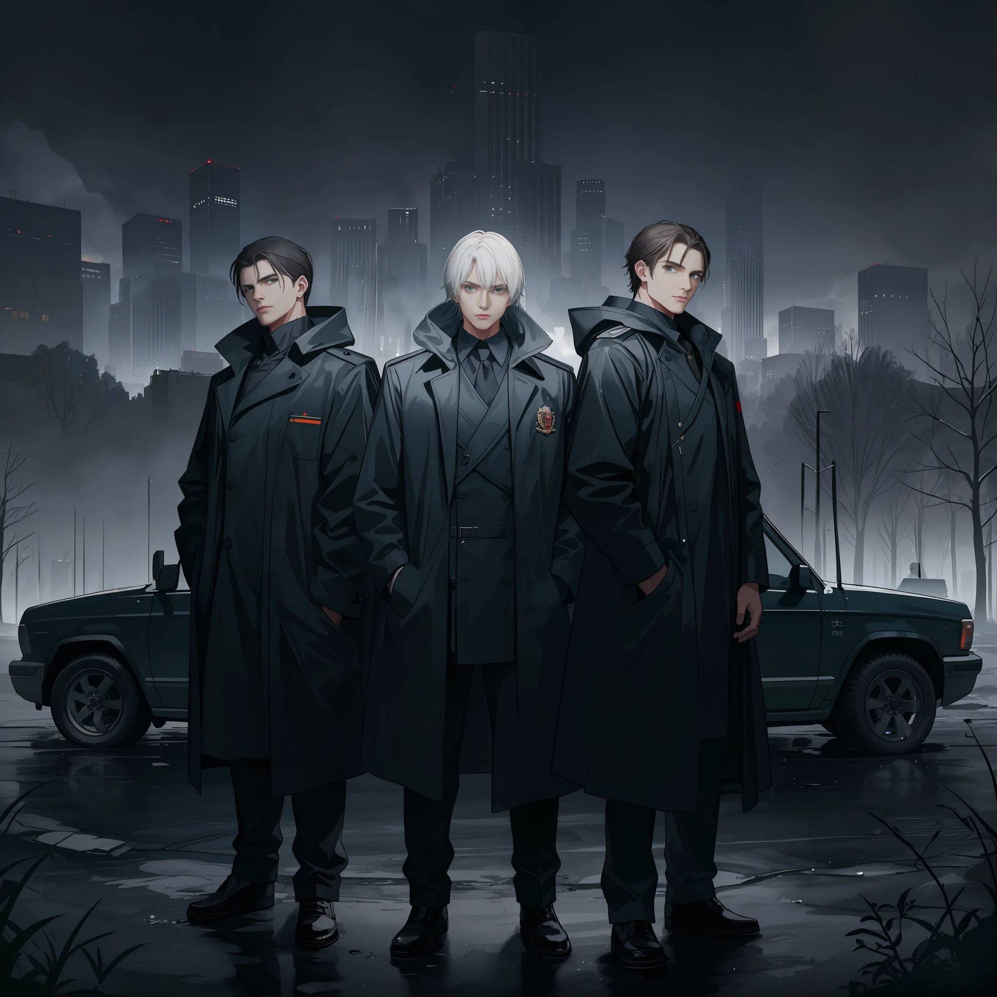 (three men) from Russian ((in raincoats)) (((Moscow in the background))) (ruins, forest in the background), hands in pockets, confident look, night, old, black car, masterpiece, excellent quality, 8k, excellent graphics