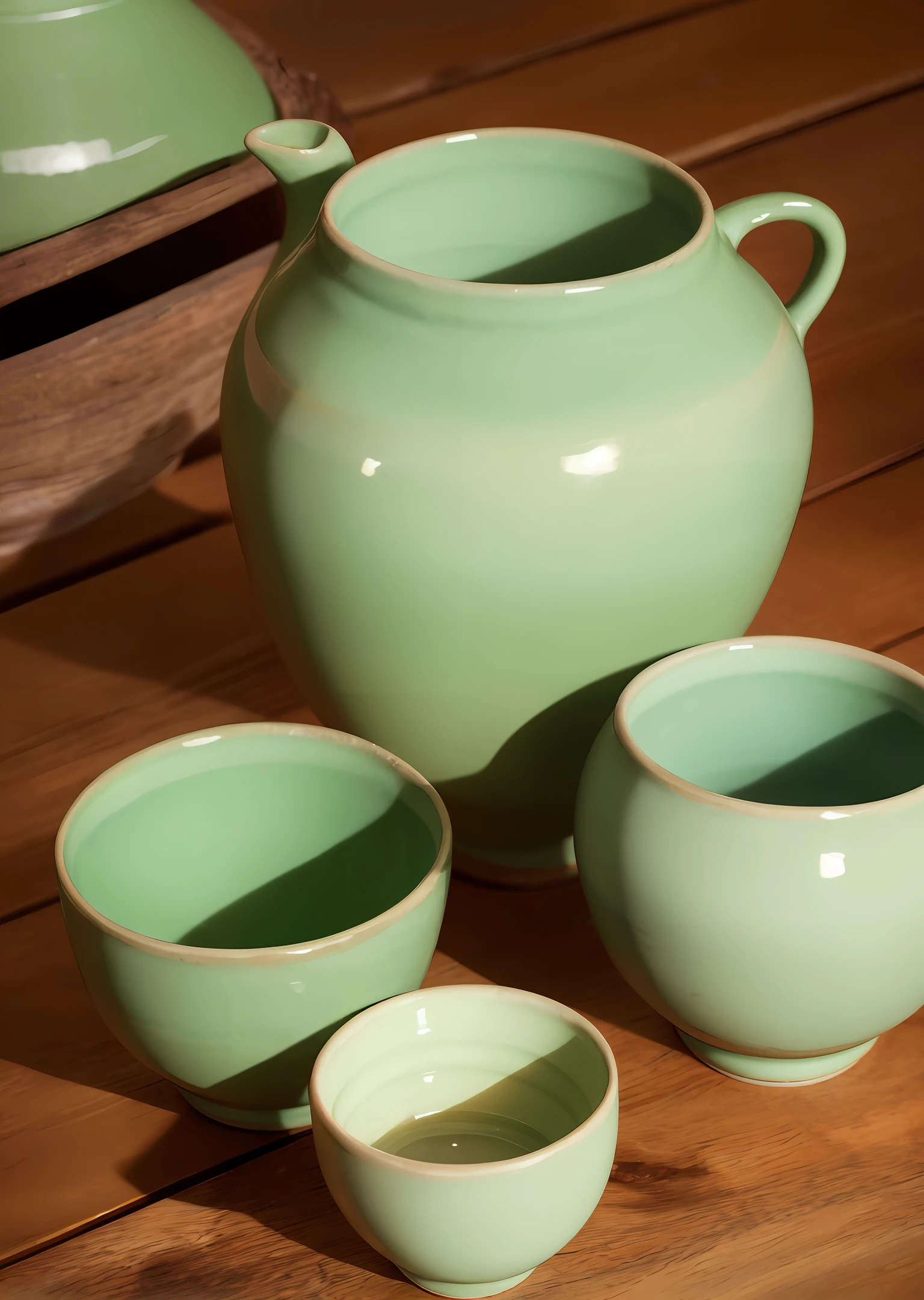 Celadon glaze on the wooden table,Celadon glaze,cup,green tones,Sacred bottom cup,Ceramic pot