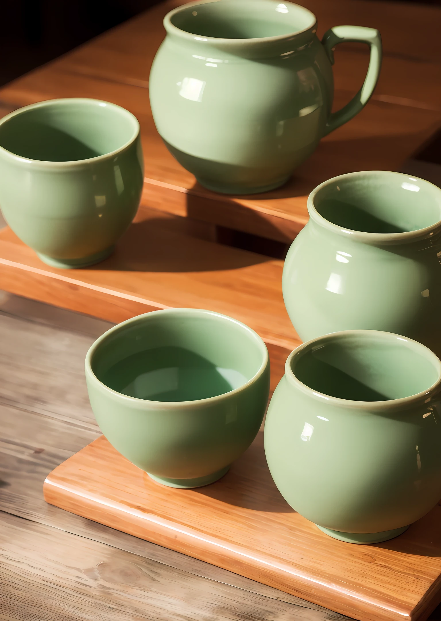 Celadon glaze on the wooden table,Celadon glaze,cup,green tones,Sacred bottom cup,Ceramic pot