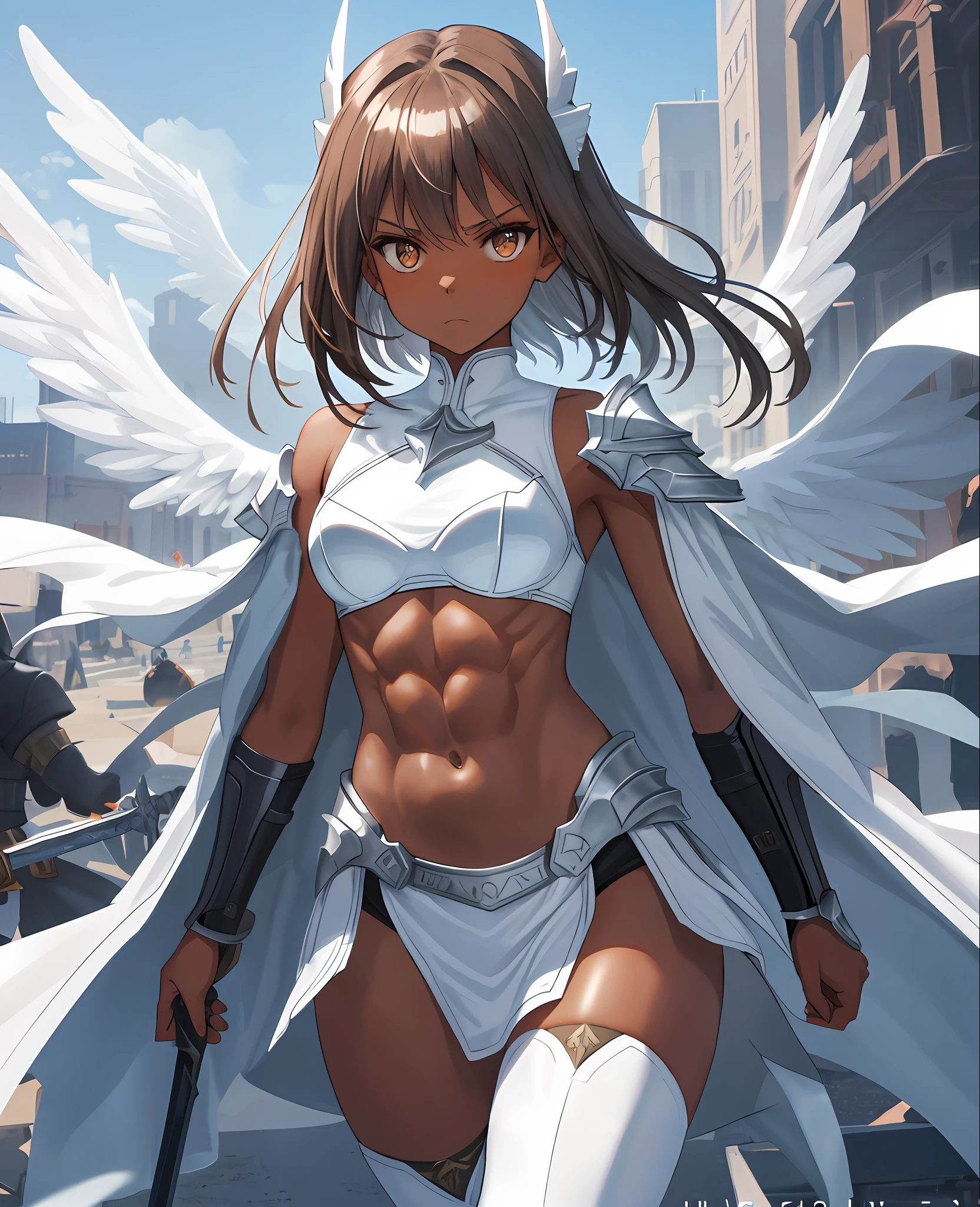 fantasy, 1angel_girl, low_teen, brown_hair, medium_bob_hair,long_bangs, (dark_skin)+, bare_shoulder, navel out, thighhighs,silver_shiny_armor, white_clothes,waist_armor, Glebe, hold_shiny_swords, medium_breasts, Angry, dynamic_pose_fighting,Floating, (abs)0.6,(1pair_white_wings,pelvic_curtain)++, Headgear ,city_sky_background,,slightly_spread_legs, multiple_shiny_swords_floating_around_the_girl