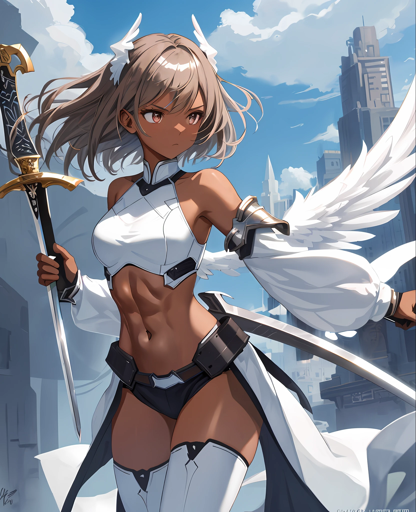 fantasy, 1angel_girl, low_teen, brown_hair, medium_bob_hair,long_bangs, (dark_skin)+, bare_shoulder, navel out, thighhighs,silver_shiny_armor, white_clothes,waist_armor, Glebe, hold_shiny_swords, medium_breasts, Angry, dynamic_pose_fighting,Floating, (abs)0.6,(1pair_white_wings,pelvic_curtain)++, Headgear ,city_sky_background,,slightly_spread_legs, multiple_shiny_swords_floating_around_the_girl