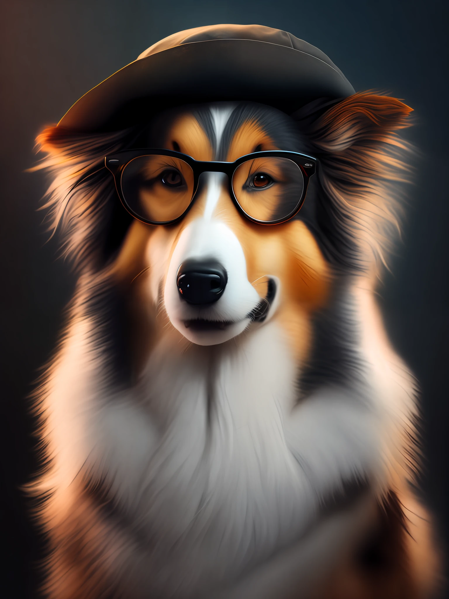 Retrato, cute collie in hat and glasses, pouca luz, 8K, Moody