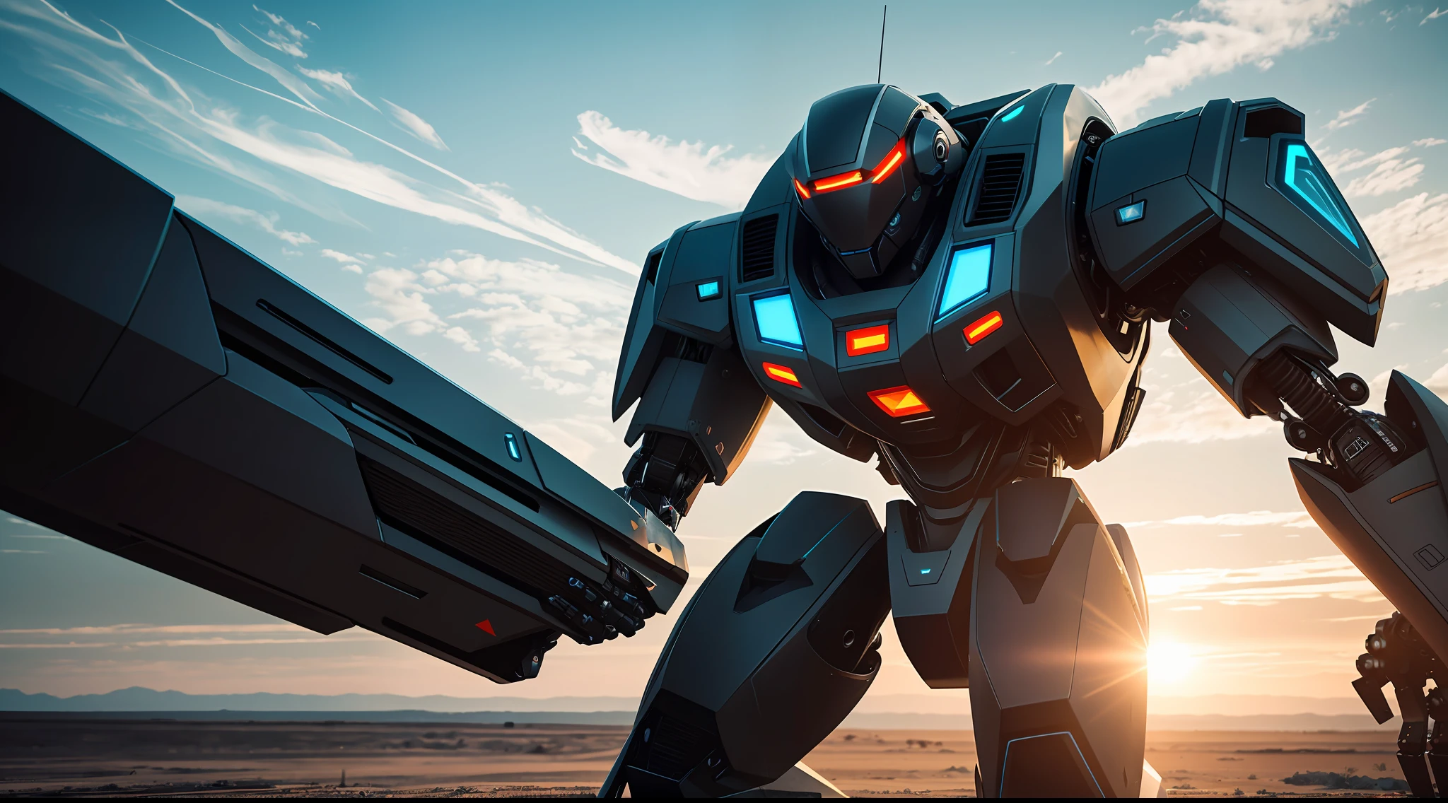 Futuristic robot environmental wide angle photo, action shot, vibrant, photorealistic, realistic, dramatic, dark, sharp focus, 8k