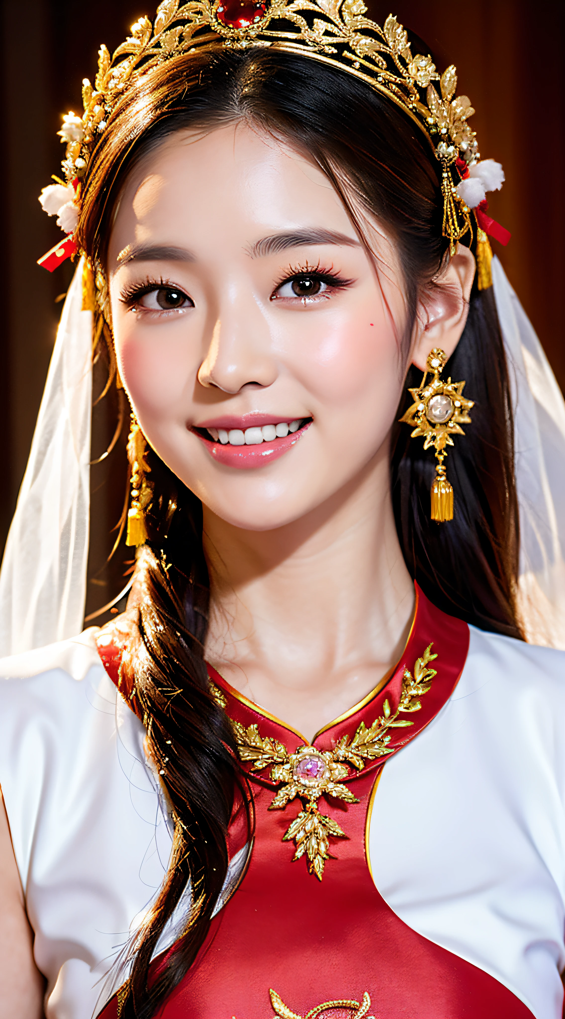 (8k, RAW Photo, Best Quality, Masterpiece: 1.2), (Realistic, Realistic: 1.37), 1 Girl, Aalfite Woman Posing for Photo in Red Dress and Headdress, Gorgeous Role Play, Beautiful Costume, Intricate Fantasy Dress, Beautiful Fantasy Queen, Chinese Dress, Complex Dress, Complex Costume, Traditional Beauty, Gorgeous Chinese Model, Chinese Costume, Wearing Gorgeous Costume, Wearing Elegant Chinese Xiuhe Dress, Chinese Wedding Dress, Phoenix Crown Xia Hanging, Antique Bride, Xiuhe Dress, Close-up, close-up, head wearing a phoenix crown, smiling