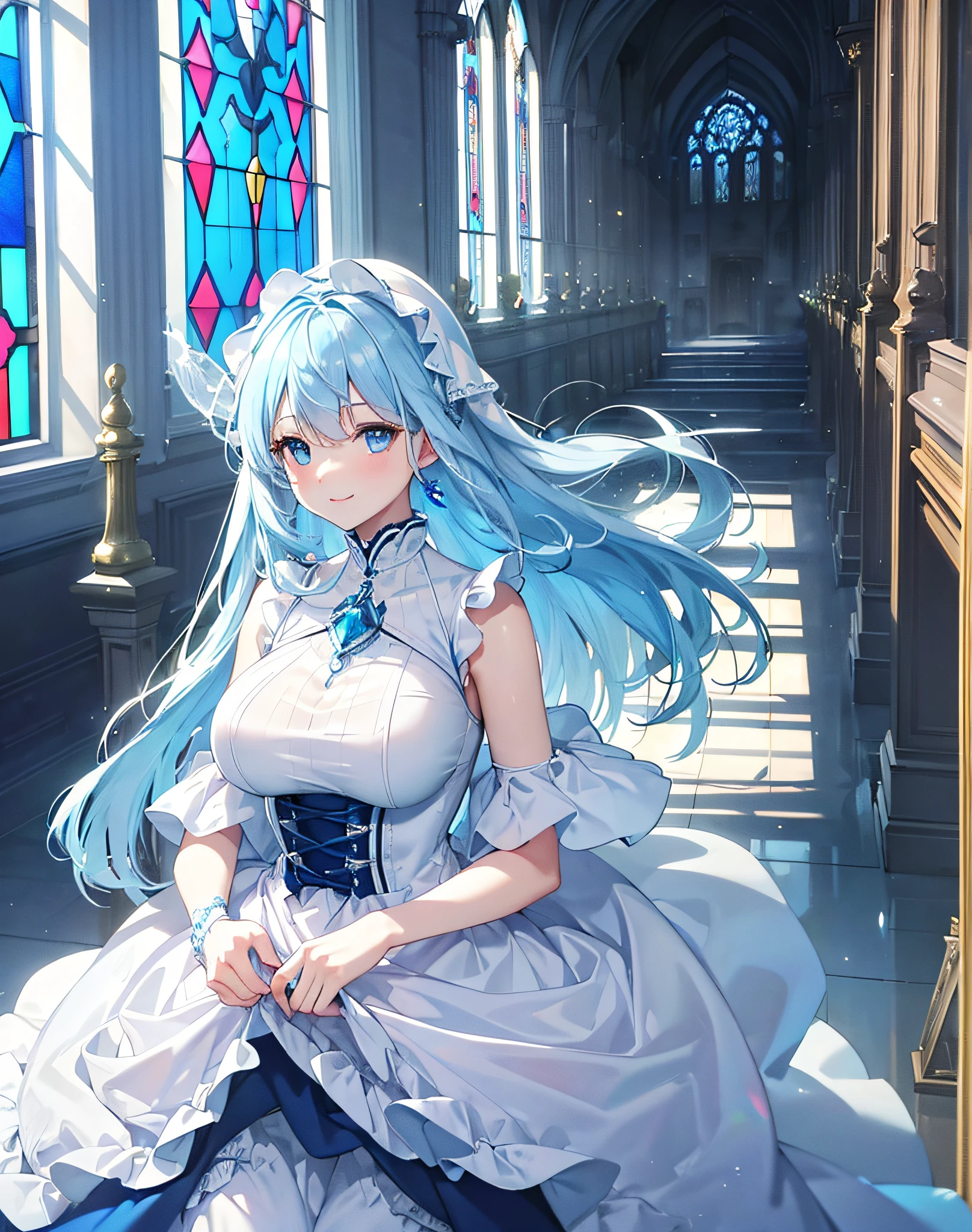 ((Best Quality、masterpiece ,))、Blue ruffled dress、White leggings,A church with light、stained glass、light blue hair、Blue eyes,alone、Smile、big boobs、