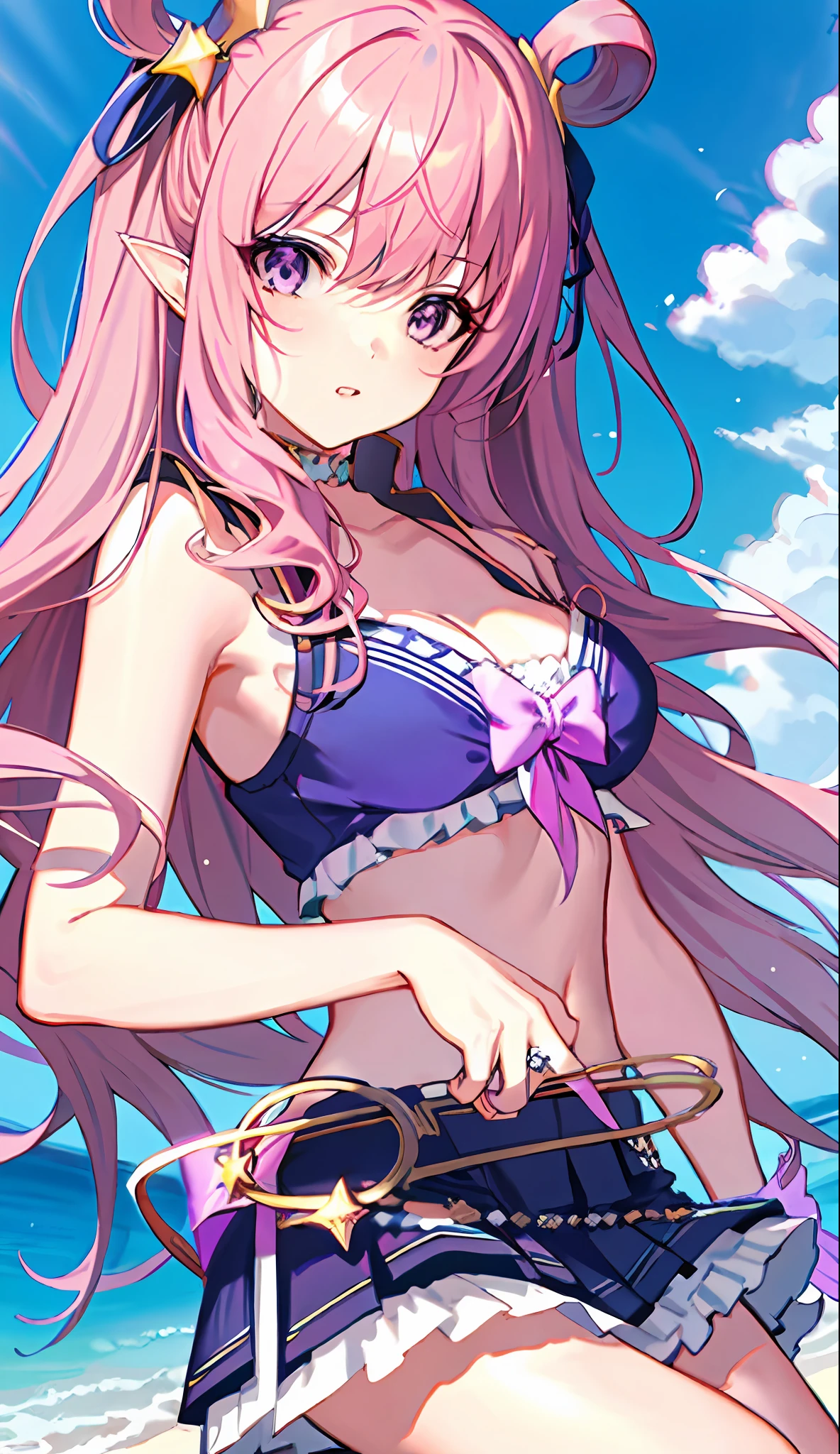 Front-facing, masterpiece, top quality, 8K animation, detailed fingers, precise fingers, not unnatural hands, illustration, 1 girl, solo, sagging eyes, rings in the hair, long pink hair, purple bikini bra, miniskirt with white ruffles, white gloves, large purple eyes, Hatsune, gentle expression,