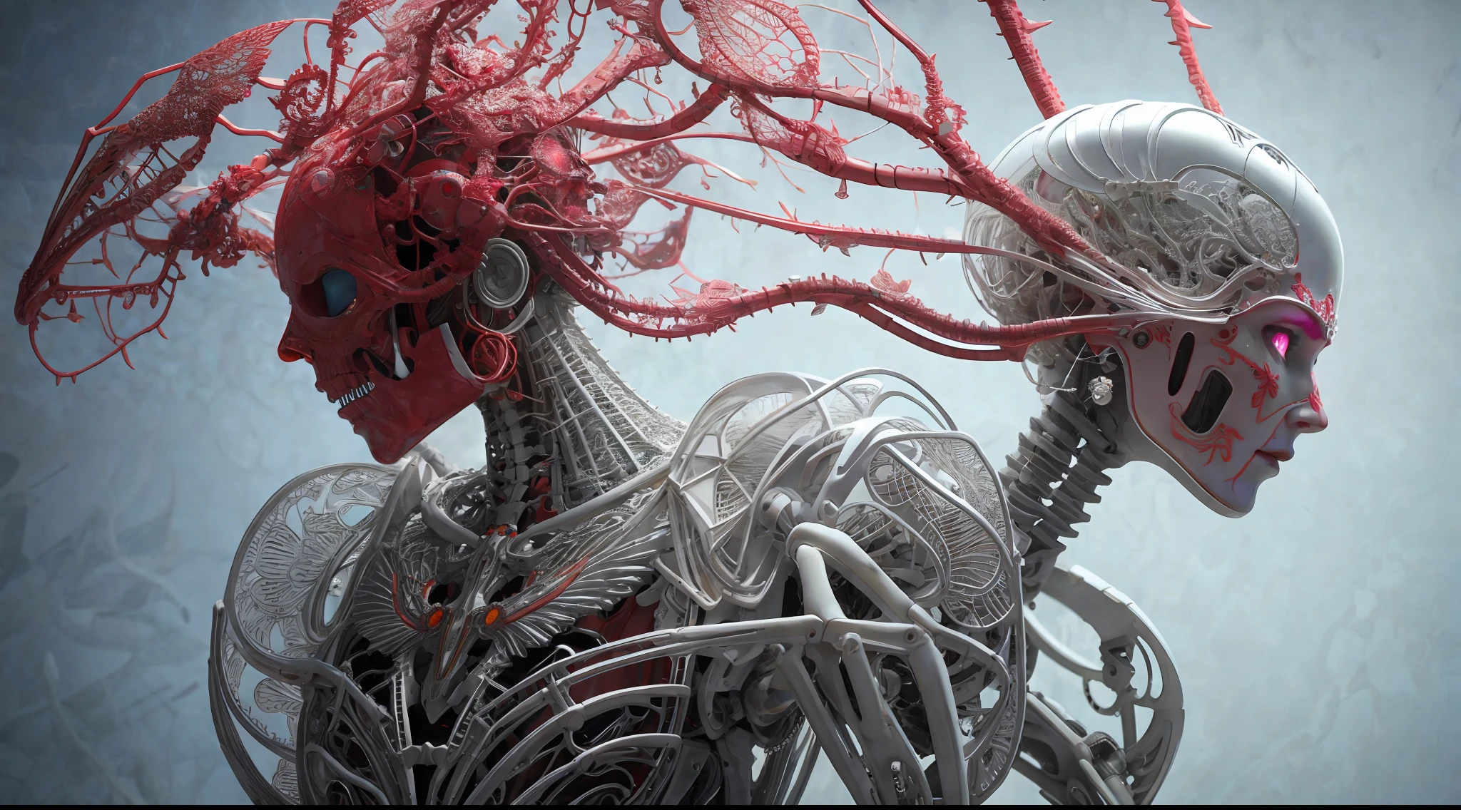 Intricate 3d rendering ultra-detailed beautiful angel of death, biomechanical robot, simulated 150mm lens, beautiful natural soft edge light, neon veins, roots, delicate leaf lace, colorful details, Boris Bidjan Saberi costume, pearl earrings, piercings, art nouveau fashion embroidery, intricate details, mesh lines, Mandelbrot fractals, facial muscles, cables, microchips, villains, surreal, ultra-detailed, octane, volumetric lighting, 8k and post-production, red The white has a little bit of black, Metal Skeleton Details, Half-Human, Iridescent, Glenn Brown Style, Futuristic Room, Power of God, High Angle Shot, Complex Body Poses