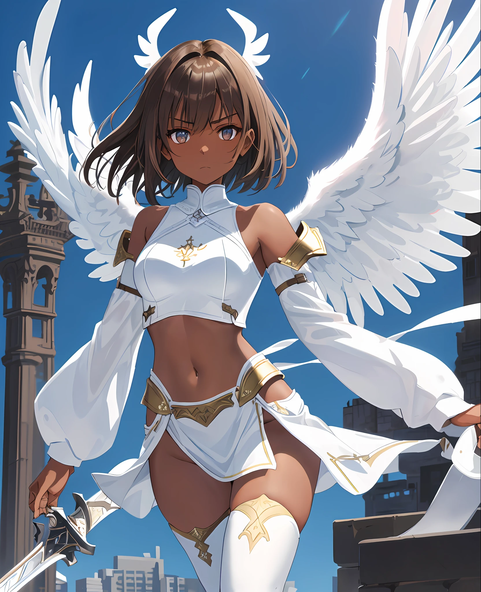 fantasy, 1angel_girl, low_, brown_hair, medium_bob_hair,long_bangs, (dark_skin)+, bare_shoulder, navel out, thighhighs,silver_shiny_armor, white_clothes,waist_armor, Glebe, hold_shiny_swords, medium_breasts, Angry, dynamic_pose_fighting,Floating, (1pair_white_wings,pelvic_curtain)++, Headgear ,city_sky_background,,slightly_spread_legs, multiple_shiny_swords_floating_around_the_girl