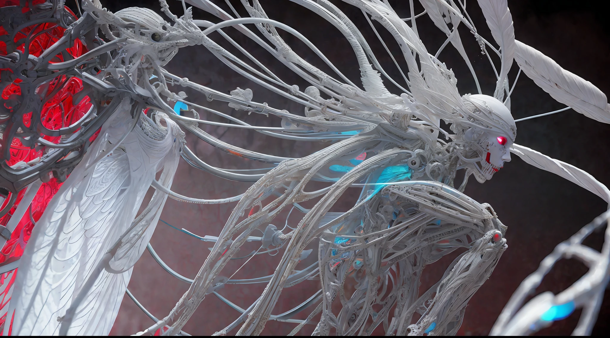 Intricate 3d rendering ultra-detailed beautiful angel of death, biomechanical robot, simulated 150mm lens, beautiful natural soft edge light, neon veins, roots, delicate leaf lace, colorful details, Boris Bidjan Saberi costume, pearl earrings, piercings, art nouveau fashion embroidery, intricate details, mesh lines, Mandelbrot fractals, facial muscles, cables, microchips, villains, surreal, ultra-detailed, octane, volumetric lighting, 8k and post-production, red The white has a little bit of black, Metal Skeleton Details, Half-Human, Iridescent, Glenn Brown Style, Futuristic Room, Power of God, High Angle Shot, Complex Body Poses