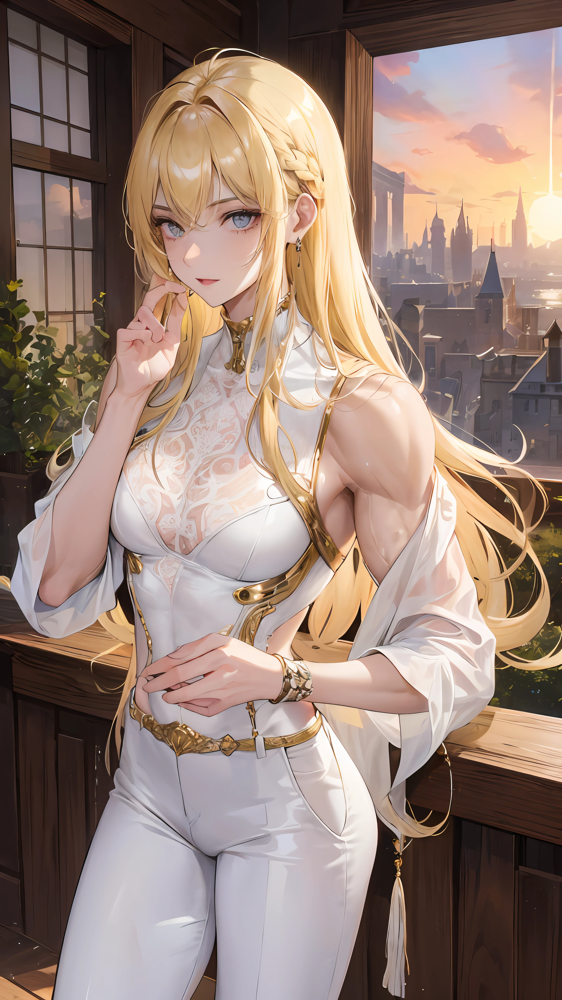 man, masculine, attractive, muscular, ((1man)), masterpiece, absurdres, best quality ,intricate details , (shiny skin, shiny body, shiny oily luster skin, shiny hair, pale skintone), old castle, Sundown, attractive, ((muscular)), adult, one, tattoo ,white blouse, earrings, brown pants, Don't look at the view , Not looking at the view, blonde very long hair, perfect detailed face, perfect detailed hands